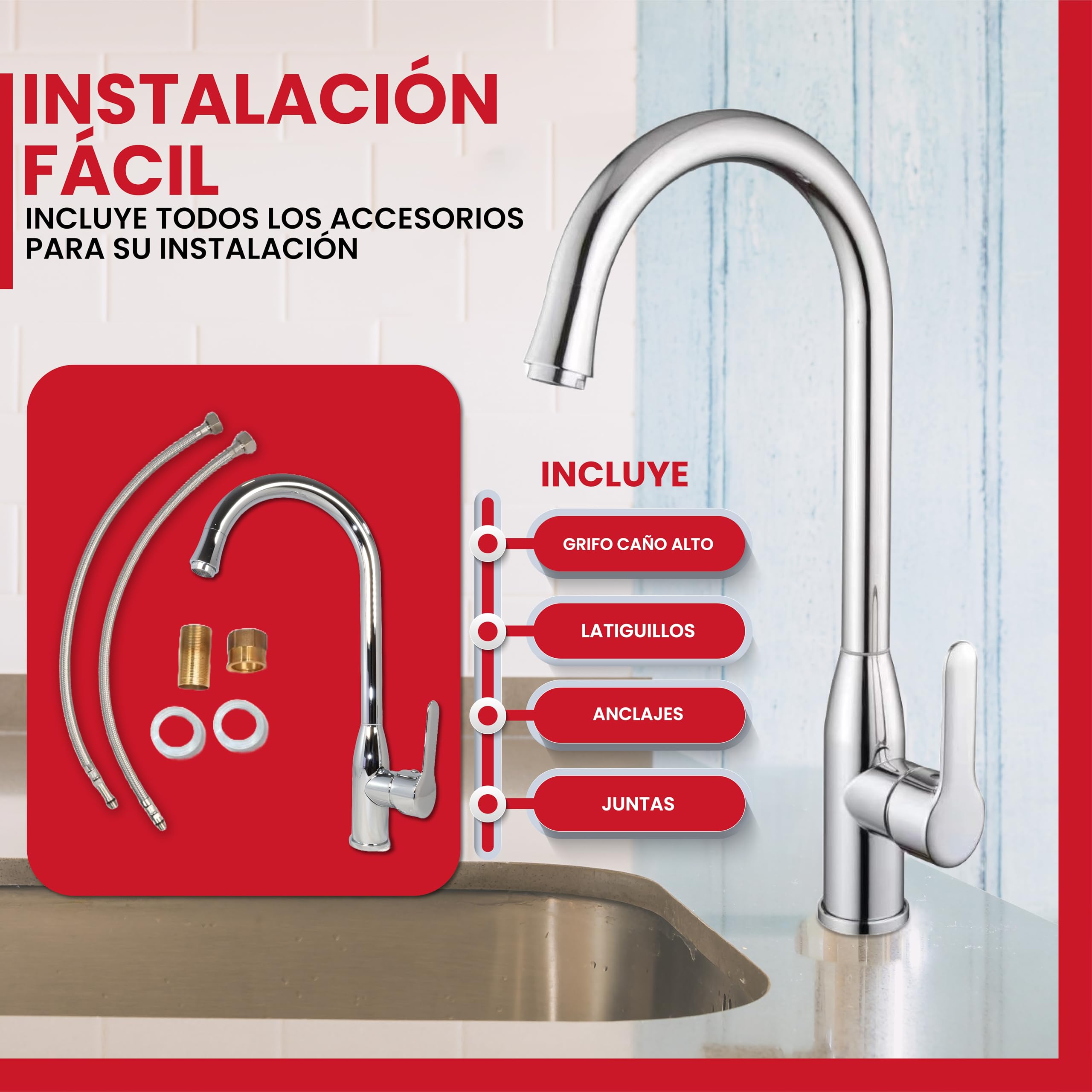 GOLDMAN SERVICE | Grifo de Fregadero Monomando Caño Alto Giratorio 360° Grifo Cocina Modernos de Acero Inoxidable, Grifo de Cocina con Sistema Economy Water, Grifos Cocina Fregadero Elegantes
