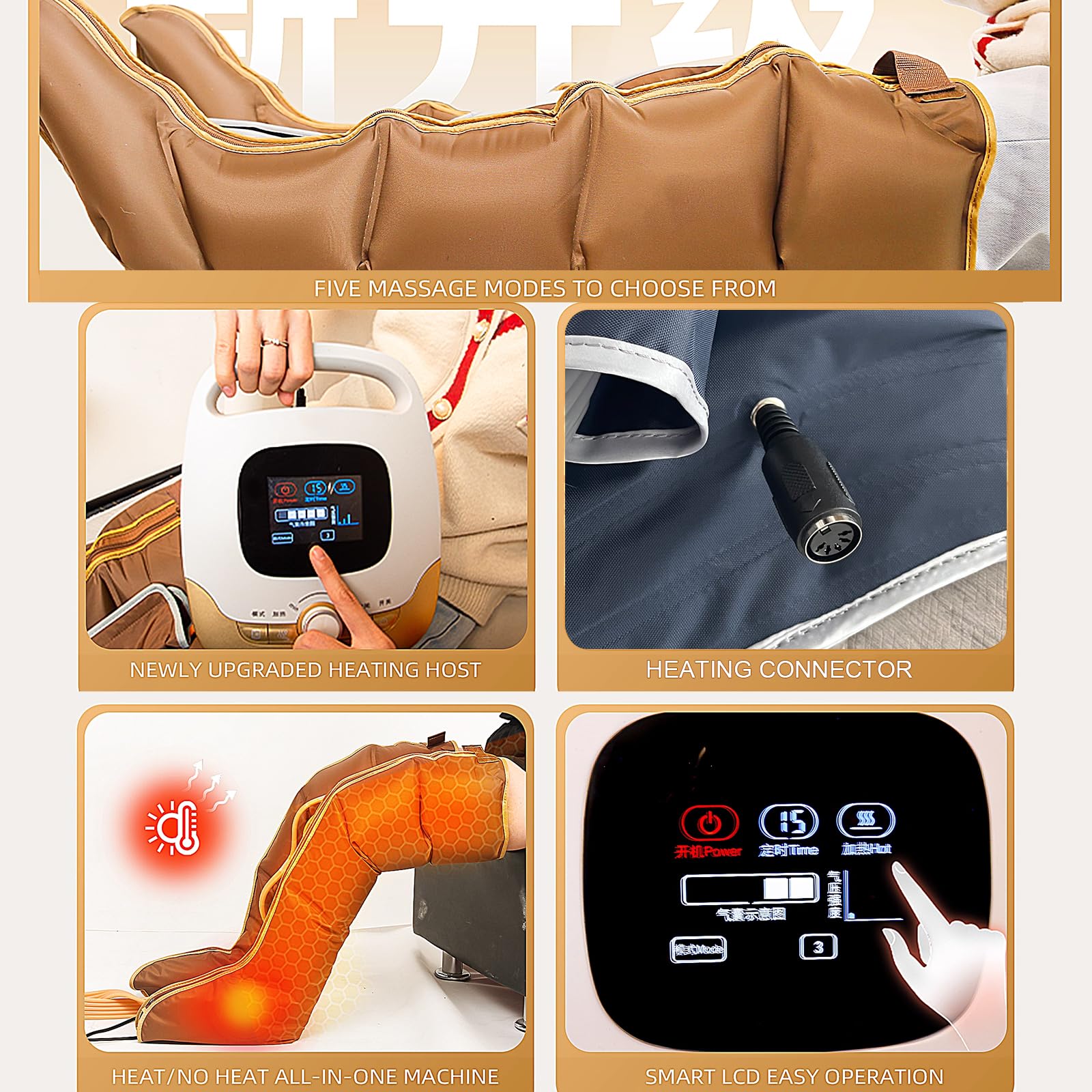 Presoterapia para Casa con Calor Y 5 Modos, Botas Presoterapia Piernas Y Abdomen Profesional, 5 Cámaras Masajeador De Pies Y Piernas Completo Relaja Y Mejora La Circulación, Pressure 0-375mmHg