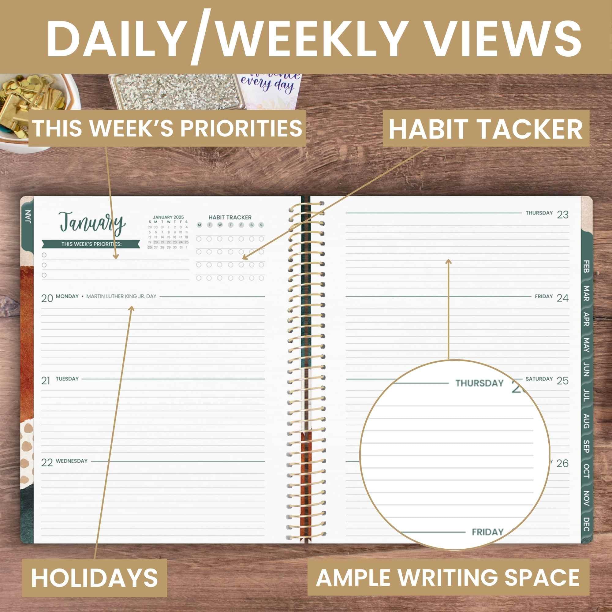 bloom daily planners Agenda anual 2025 (8.5 x 11 pulgadas) (enero de 2025 a diciembre de 2025) – Organizador de agenda semanal/mensual con calcomanías y pestañas – Abstracto terroso, verde