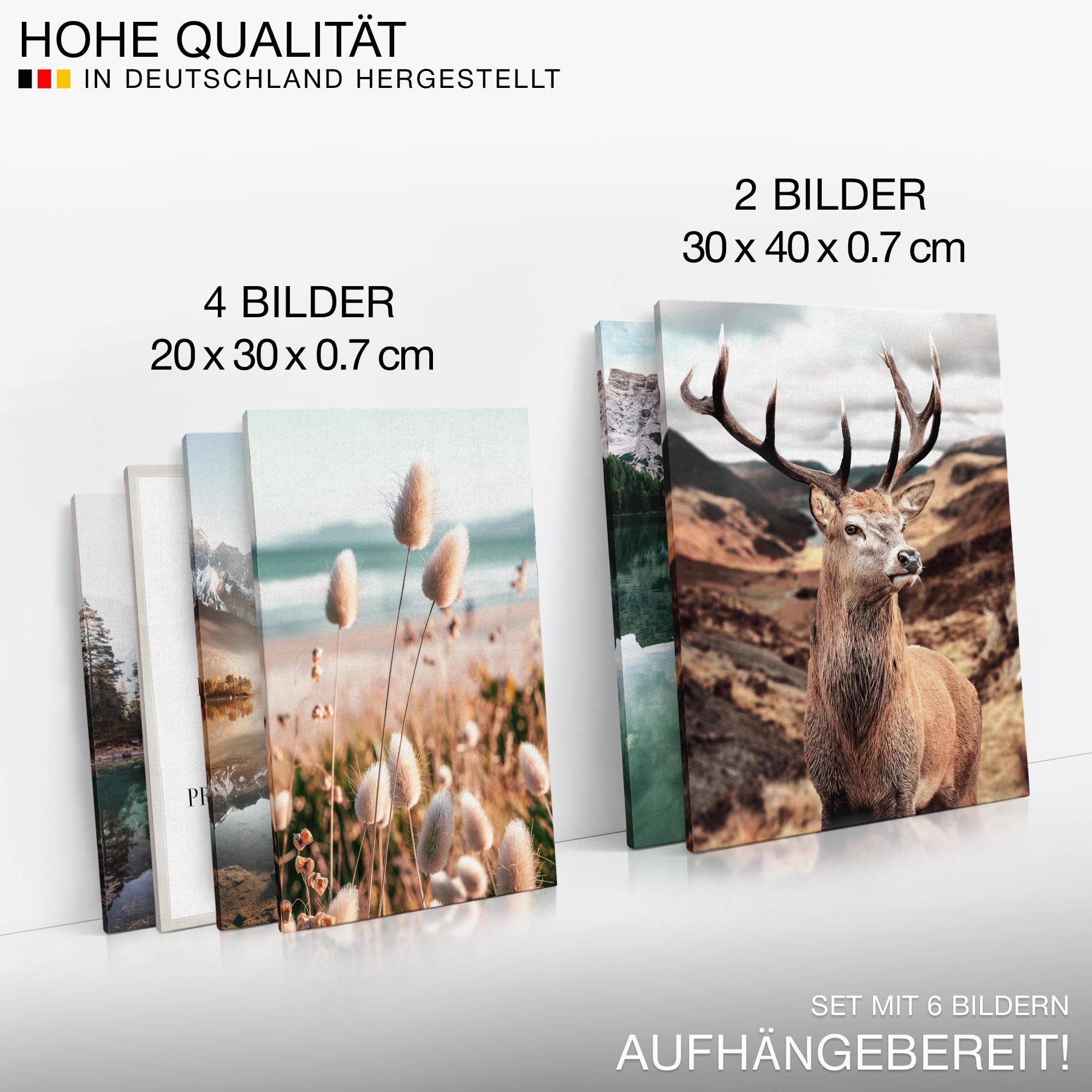 Novart Wandbilder Set Wald Hirsch Natur Berge - KEIN EXTRA RAHMEN BENÖTIGT - Modern Deko - Wohnzimmer Schlafzimmer N013263a