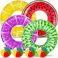 iGeeKid 8 Pack Kids Pool Floats: 4 Fruit Swim Rings (Watermelon, Kiwi, Grape, Pineapple) + 4 Rainbow Beach Balls - Summer Pool Party Toys