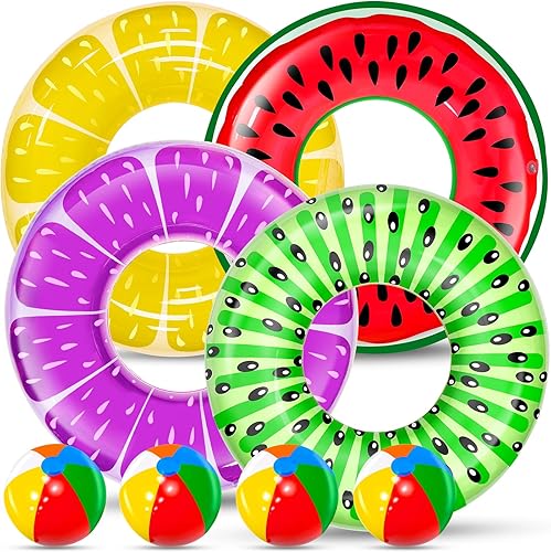 Paquete de 8 flotadores inflables de piscina para niños, 4 tubos de natación de frutas y 4 bolas de playa, flotadores de piscina, juguetes de playa