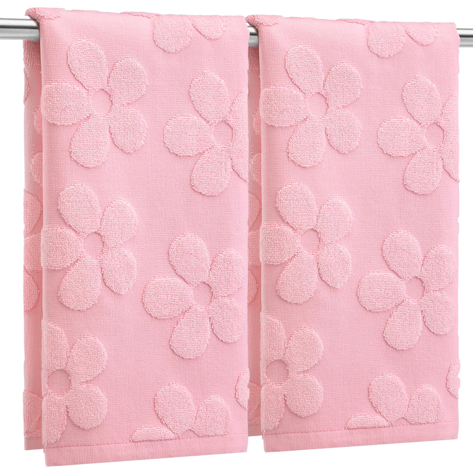 FuWeave 2 Pcs Pink Floral Hand Towels for Bathroom Cute Flowers Hand Towels 100% Cotton Absorbent Decorative Jacquard Weave Bath Decor Bathroom Decor