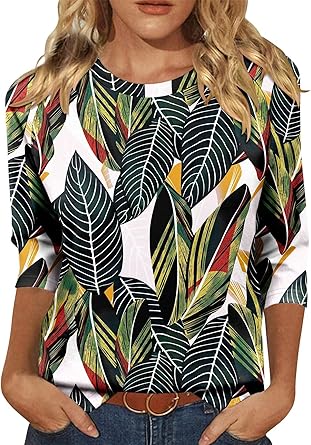KISSMODA Tunic Tops for Women Loose Fit Dressy Round Neck Pleated 3/4 Length Sleeve Spring Tops