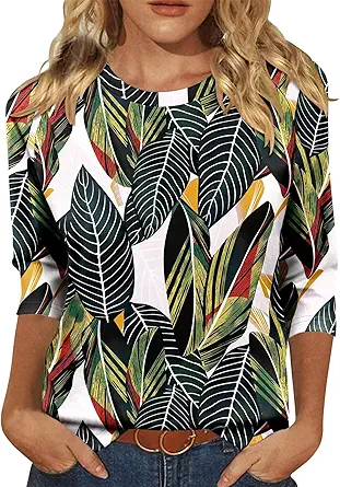 KISSMODA Tunic Tops for Women Loose Fit Dressy Round Neck Pleated 3/4 Length Sleeve Spring Tops