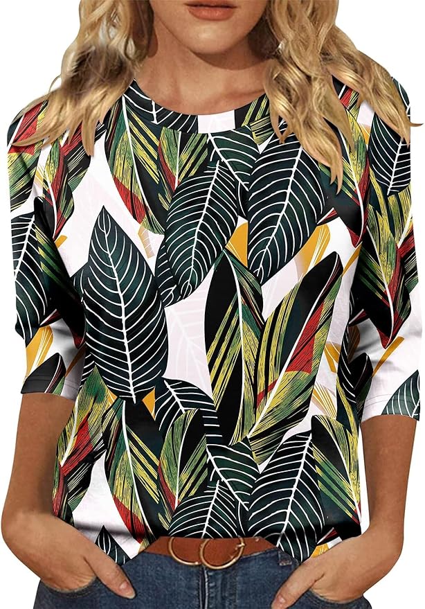 KISSMODA Tunic Tops for Women Loose Fit Dressy Round Neck Pleated 3/4 Length Sleeve Spring Tops