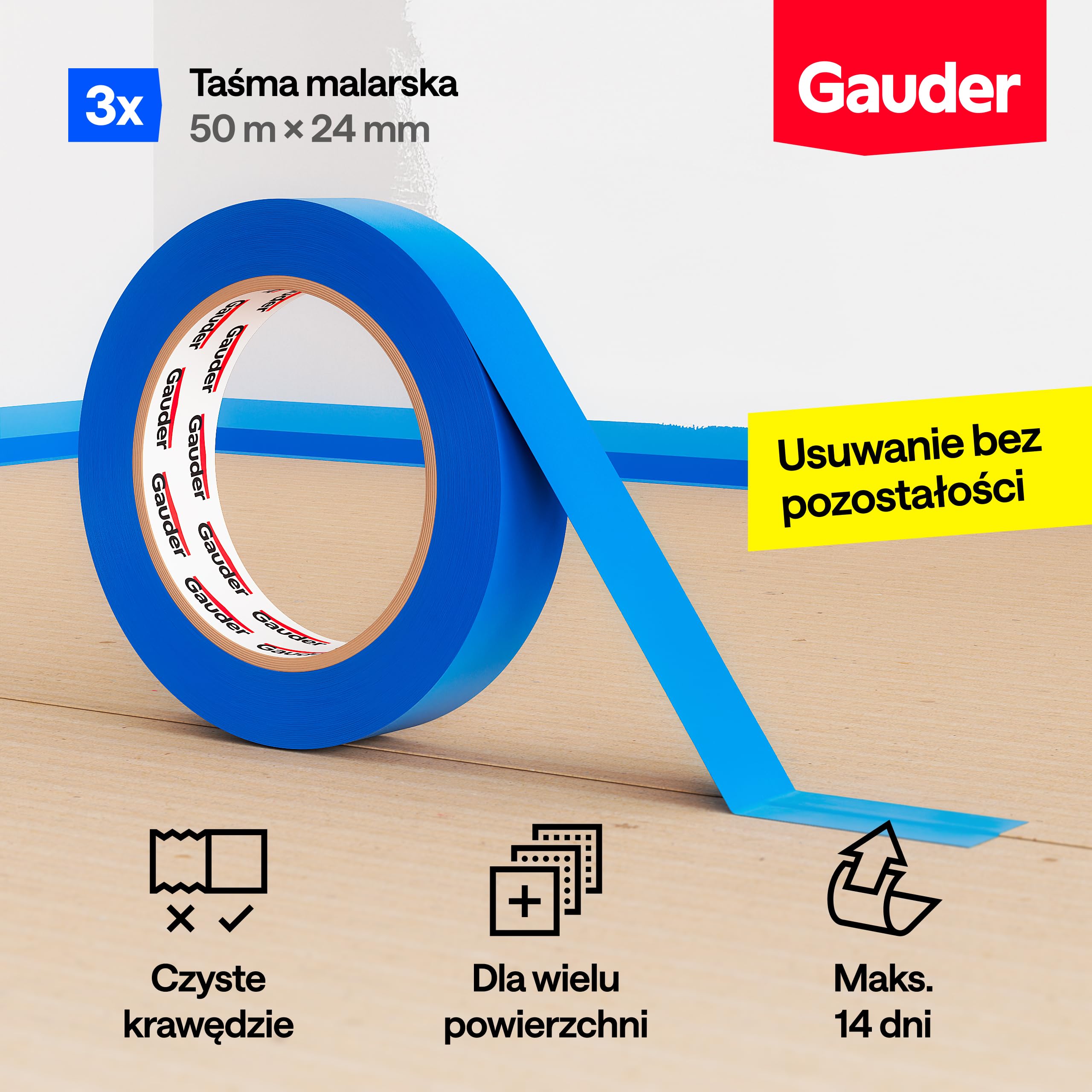 GAUDER Taśma Maskująca do Malowania - Ochronna Taśma Washi do Remontu, Dekoracji i Projektów DIY - Łatwe Usuwanie bez Pozostałości (3 Rolki - 24 mm x 50 m)