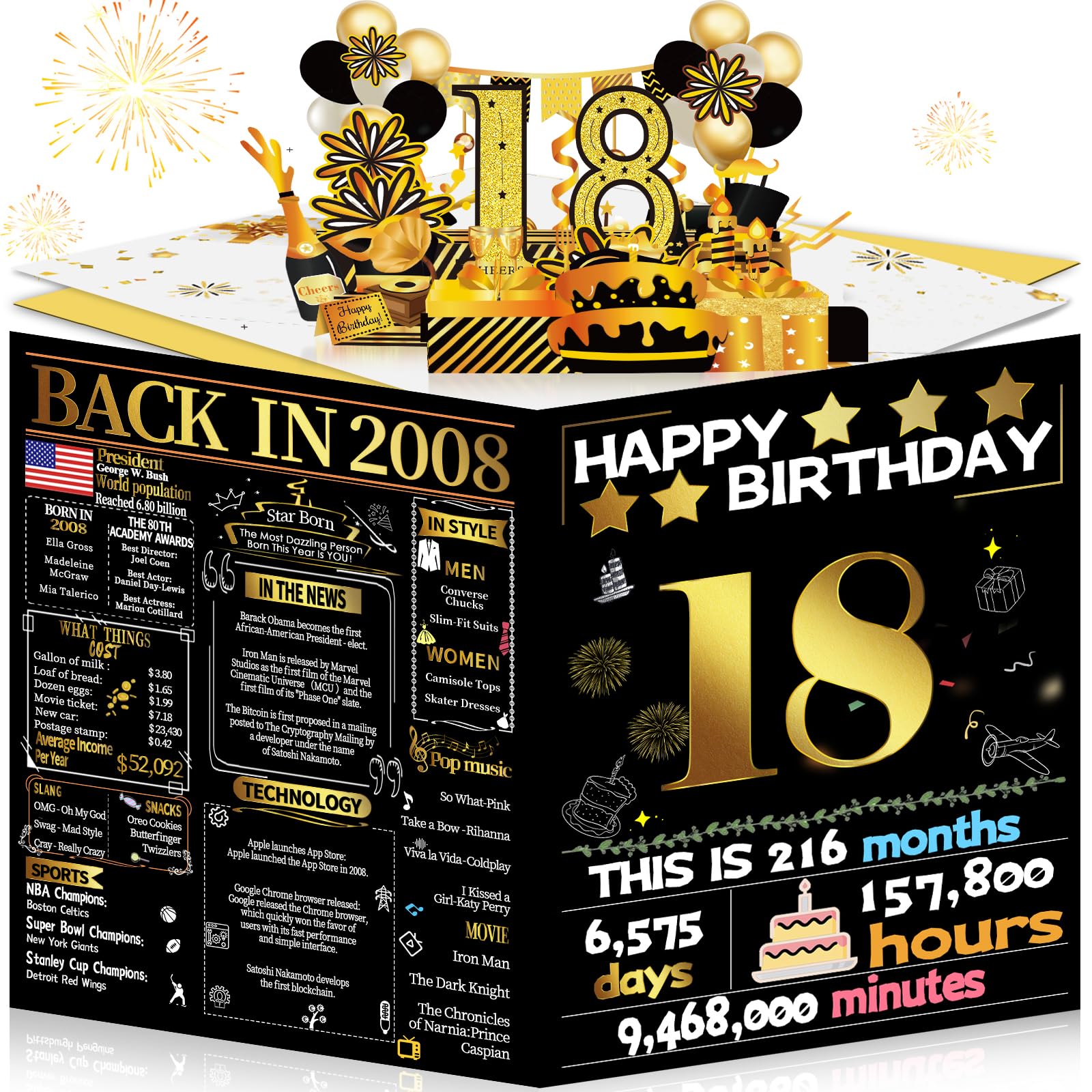 Joycard 18th Birthday Card for Her Him, 3D Pop Up Happy Birthday Gift for Daughter Son, Funny 18 year old Birthday Decorations for Granddaughter Grandson, Back in 2008 Laser Gold Retro Theme