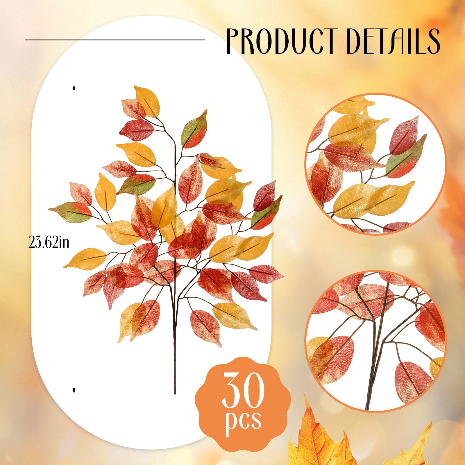 30 rami artificiali di foglie autunnali, 60 cm, foglie di ficus, rami di albero, steli artificiali, pianta autunnale per matrimoni, autunno, Ringraziamento, casa, fattoria, centrotavola
