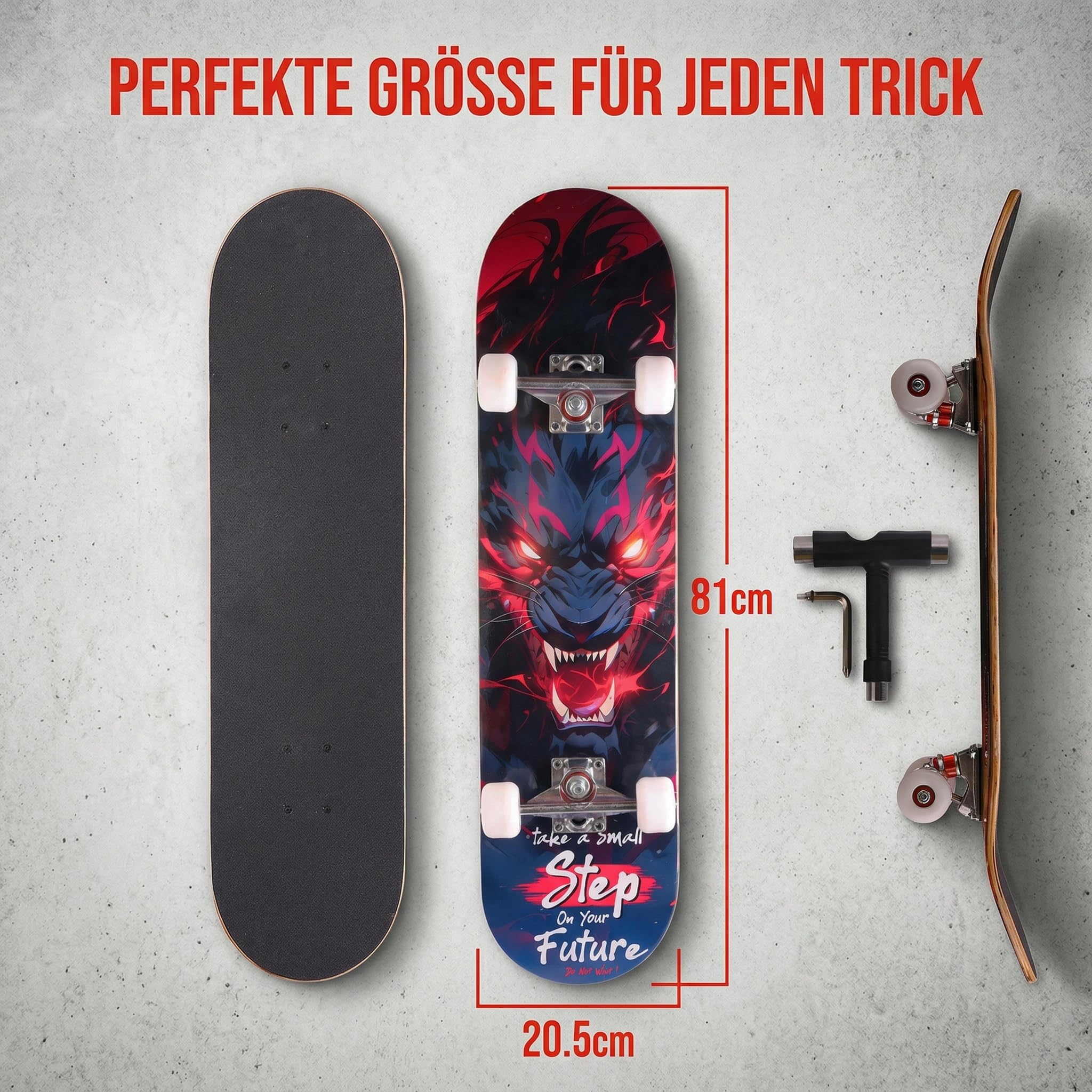 Skateboard professionnel double kick 78,7 cm en érable, roulements ABEC-7, roues en PU 95A, design graphique personnalisé