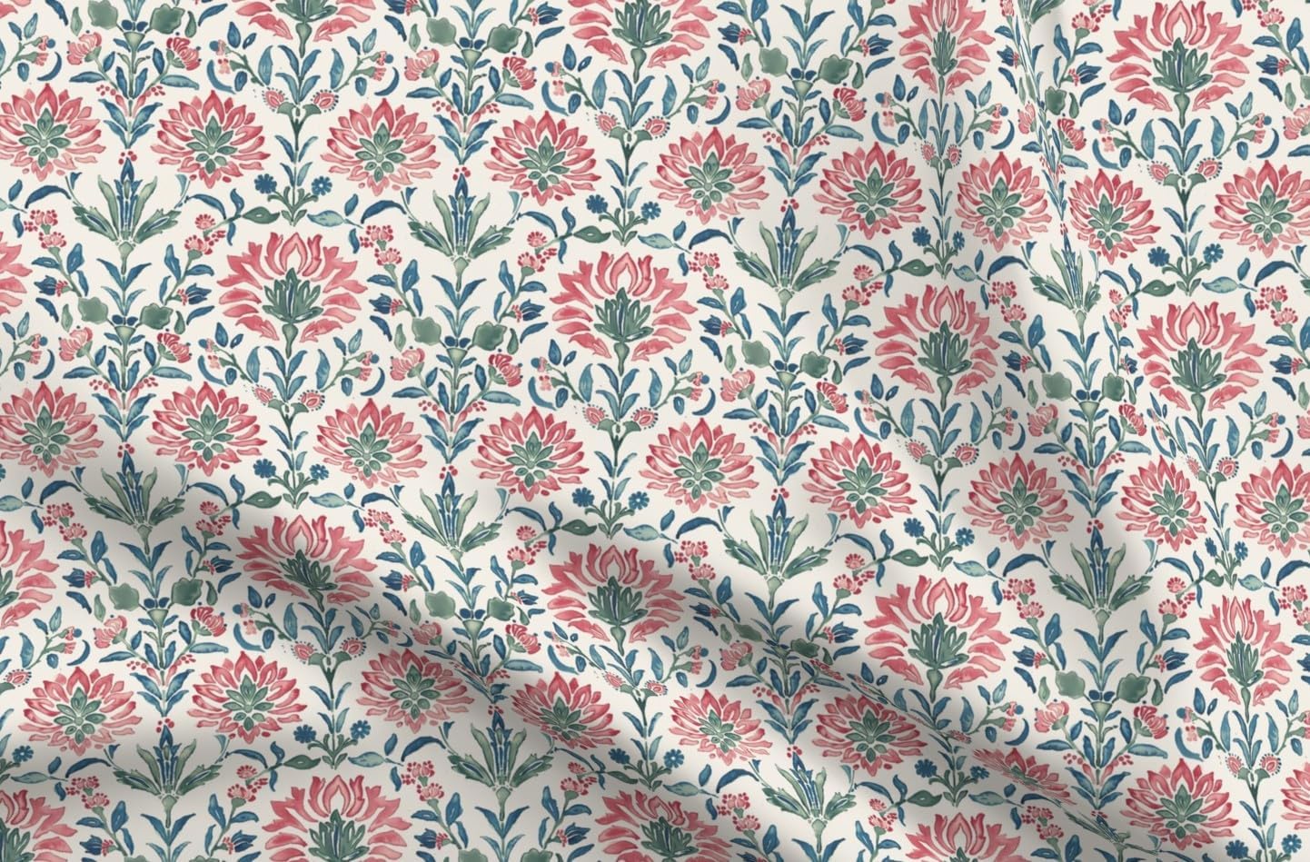 Spoonflower Fabric - Watercolor Floral Red Blue Green Botanical Flowers Leaves Cottagecore Printed on Petal Cotton Fabric Fat Quarter - Sewing Quilting Apparel Crafts Decor