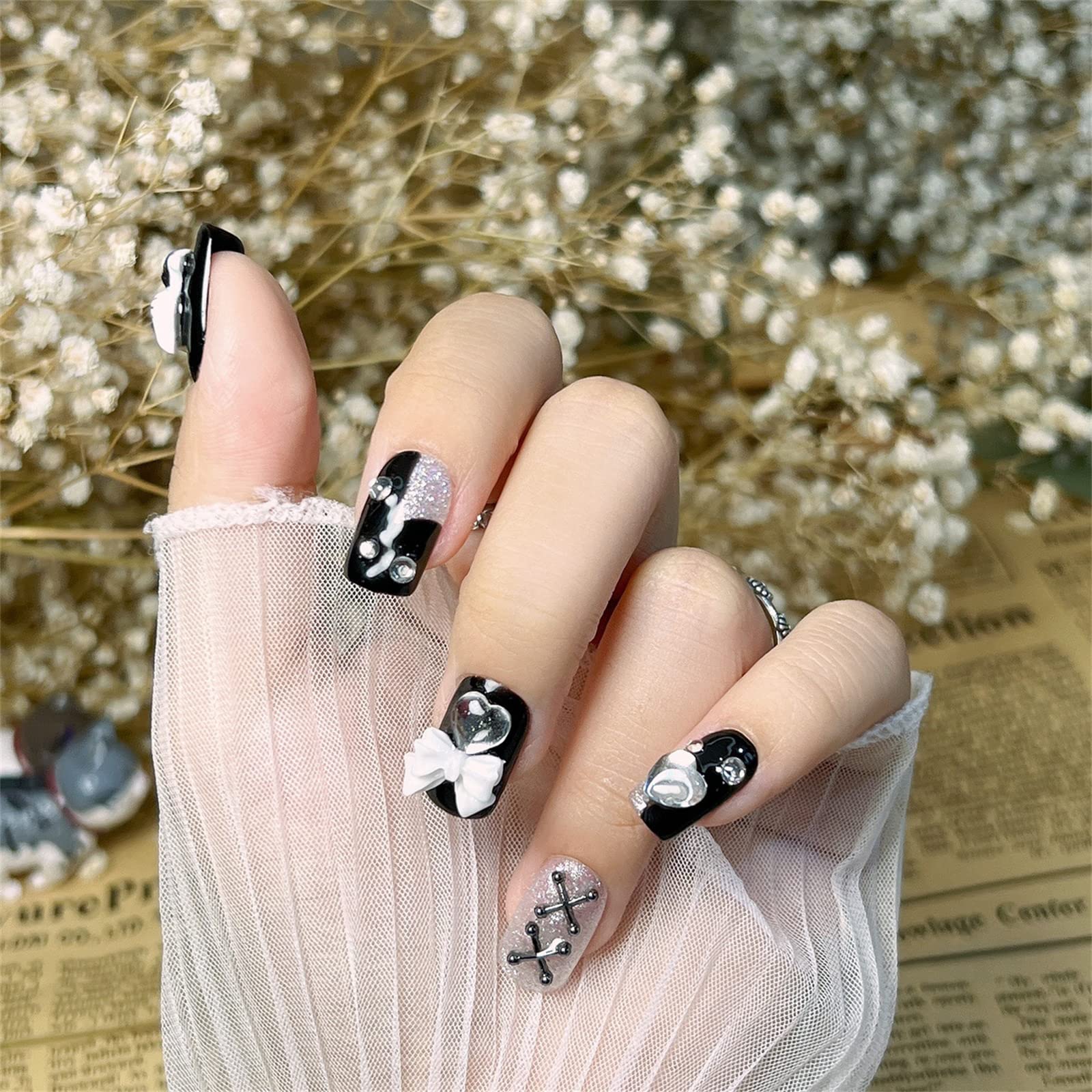 Bling Press on Nails, Unghie finte con finitura riutilizzabile di lusso, Nail Art fatta a mano con design di manicure con licenza (XL, A) (AL)