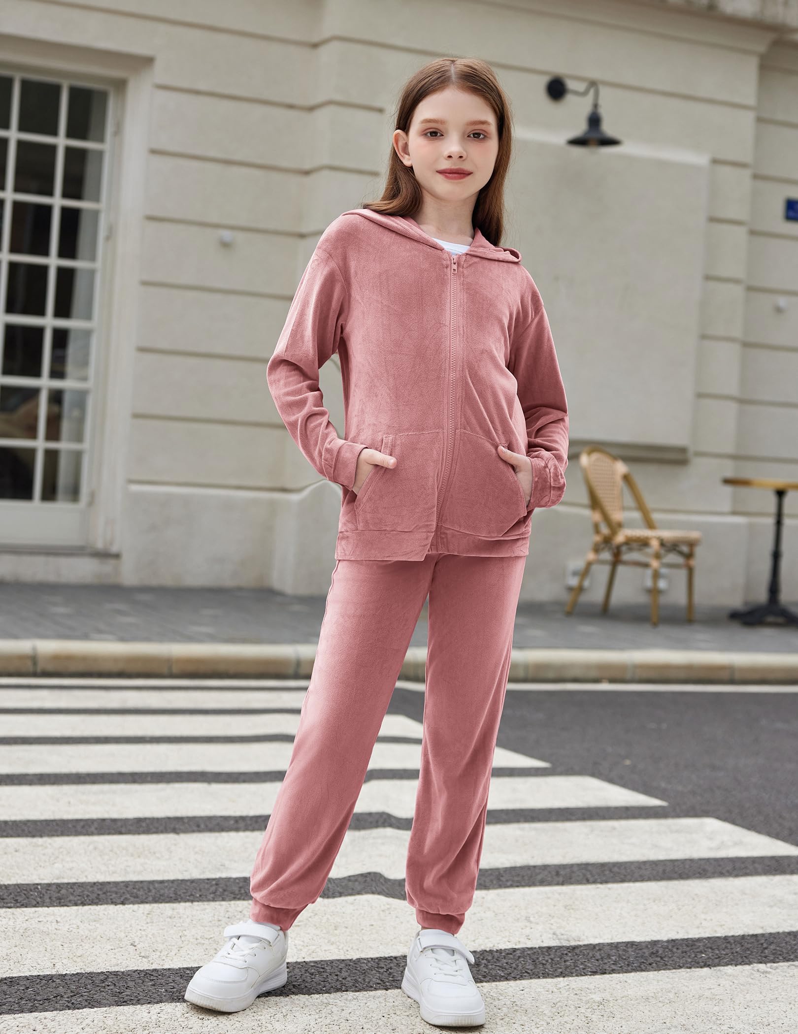 Zaclotre - Conjunto deportivo de terciopelo para niñas, 2 piezas, sudadera con capucha y pantalón deportivo con cremallera
