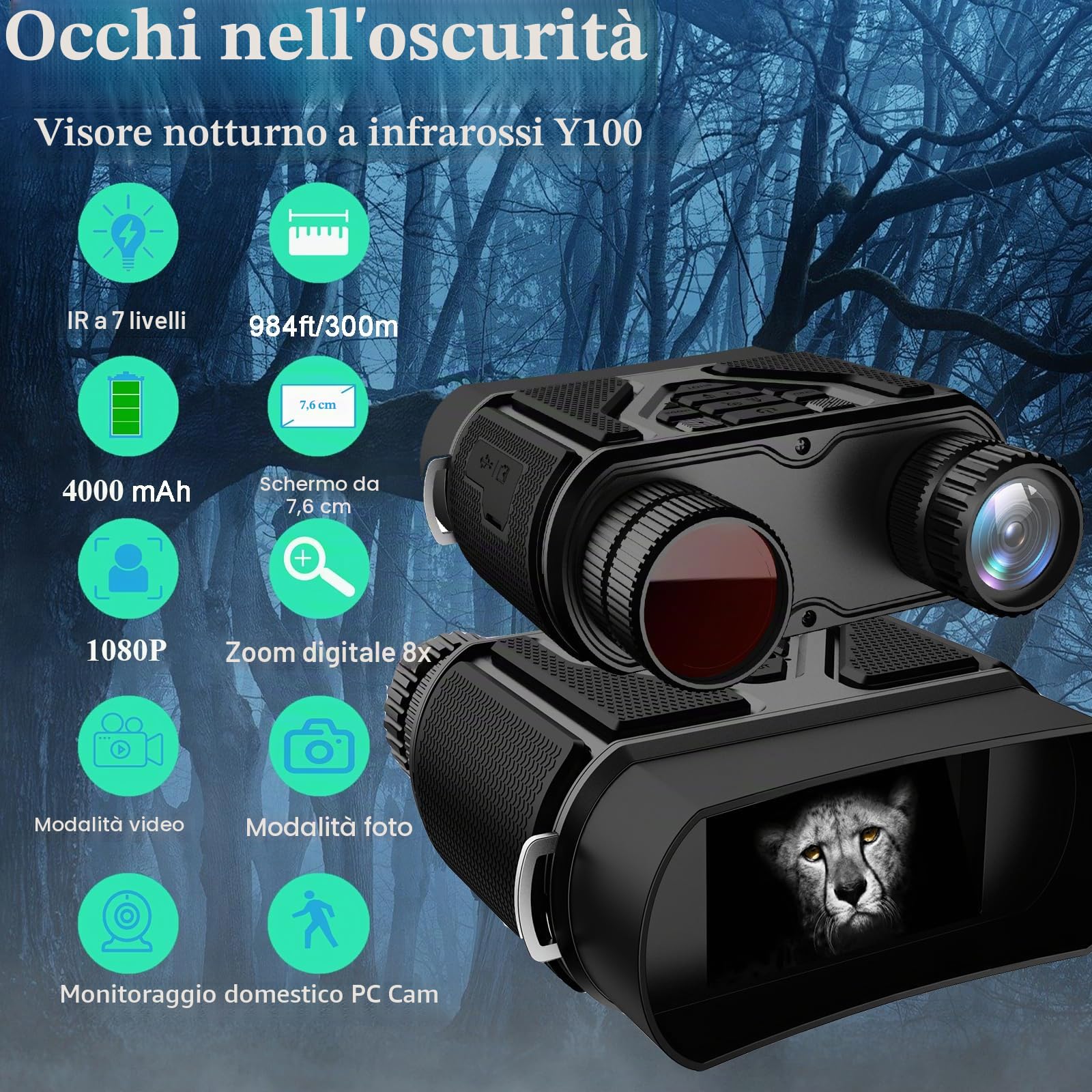 Binocolo Visione Notturna, 32 GB Scheda di Memoria Visore Notturno 3" TFT 8X Digitale Zoom 7-LIVELLI Infrarossi Vista 300M al 100% Buio per la Caccia Osservazione Uccelli e Campeggio