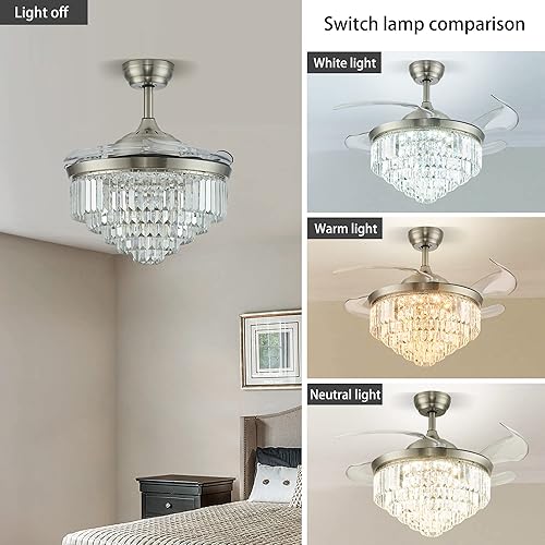 Miniatura 7 de YPQXYHDA Lámparas de techo de cristal modernas regulables de 42 pulgadas con luces ventilador de techo retráctil para dormitorio comedor sala de