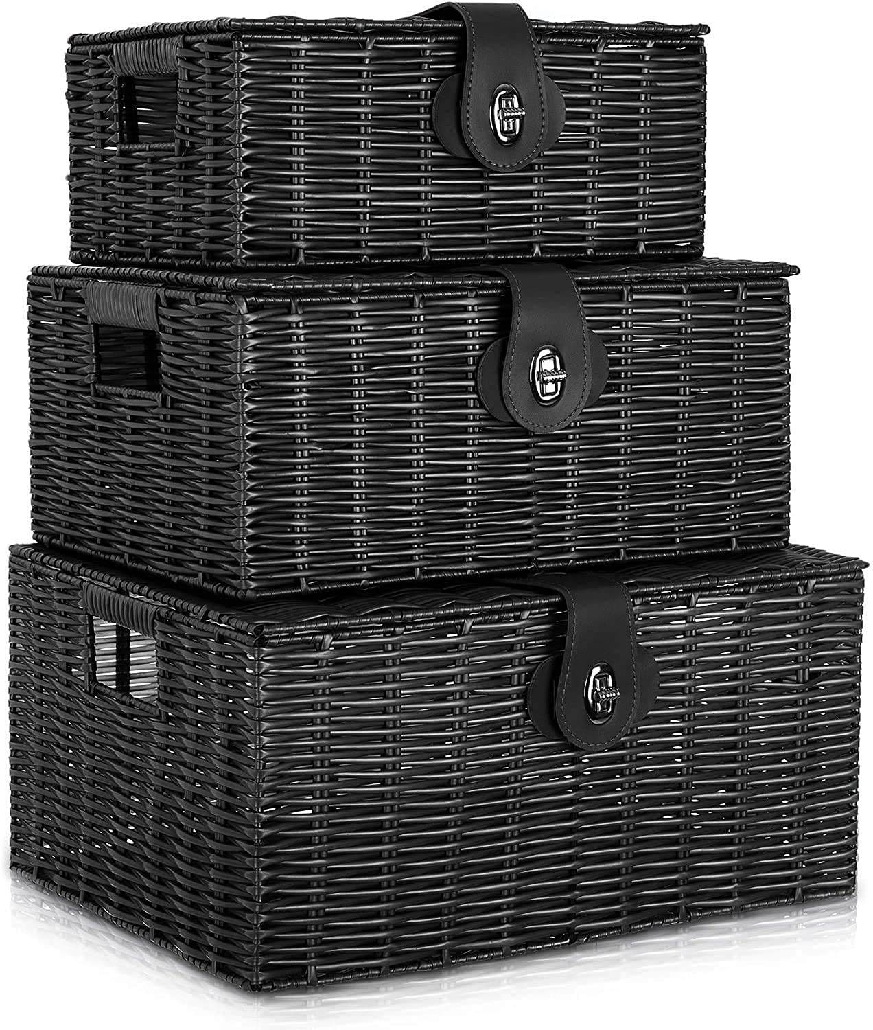 Set of 3 Woven Storage Basket Box Wicker Hamper Stackable Bin with Lid & Lock, Built-in Carry Handles, Organizer for Nursery, Baby Closet, Diaper, Toys, Home, Office, Laundry, DVD (Black)