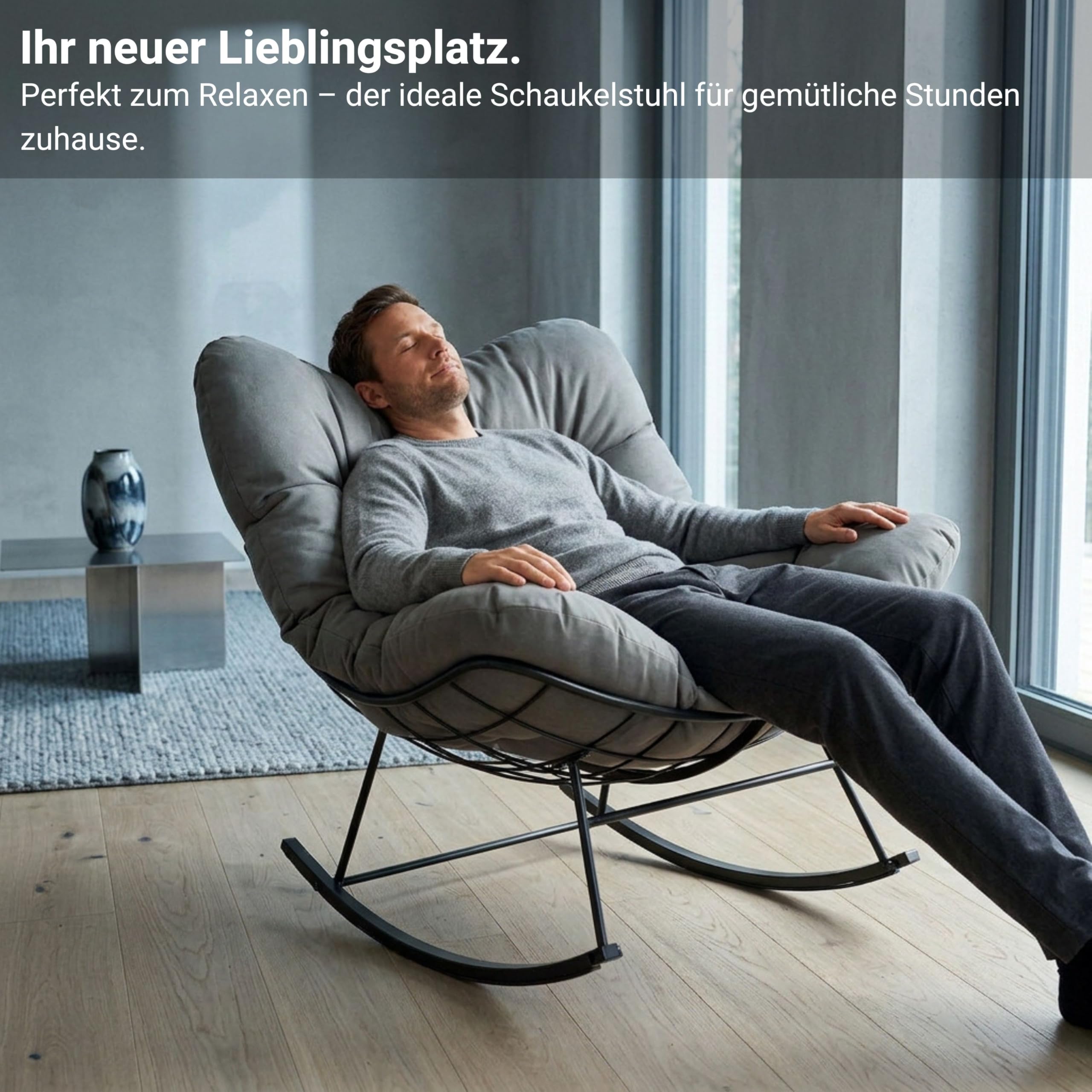 novaterra® Moderner Schaukelstuhl mit großem Komfort Kissen – ergonomischer Relax Schaukelstuhl hochwertig, gepolstert & ideal für den Garten, Lesen & Entspannen