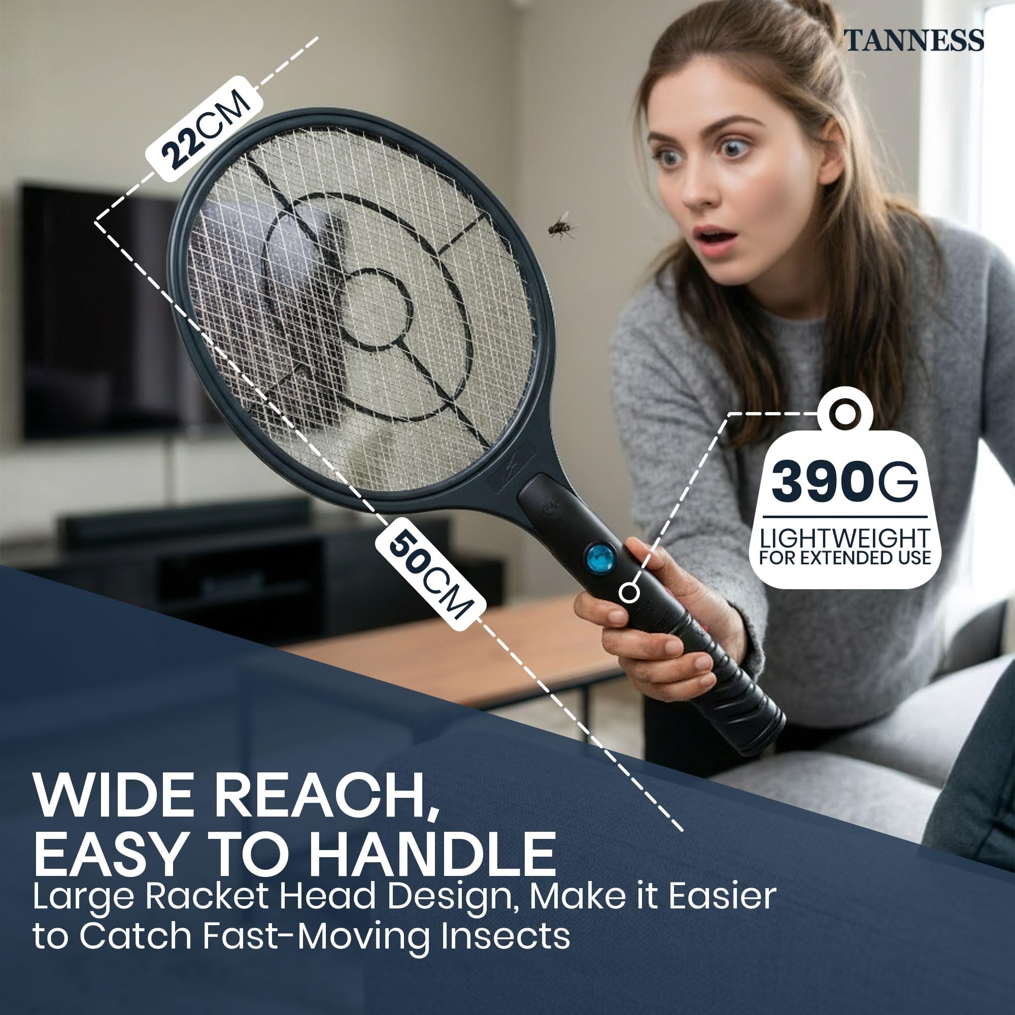 Tanness 1-Pack 3000V Rechargeable Electric Fly Zapper Racket, 22 x 50 cm, USB-C Charging, 4V 300mAh Battery, Indoor and Outdoor Use, 3-Layer Safety Mesh - 5