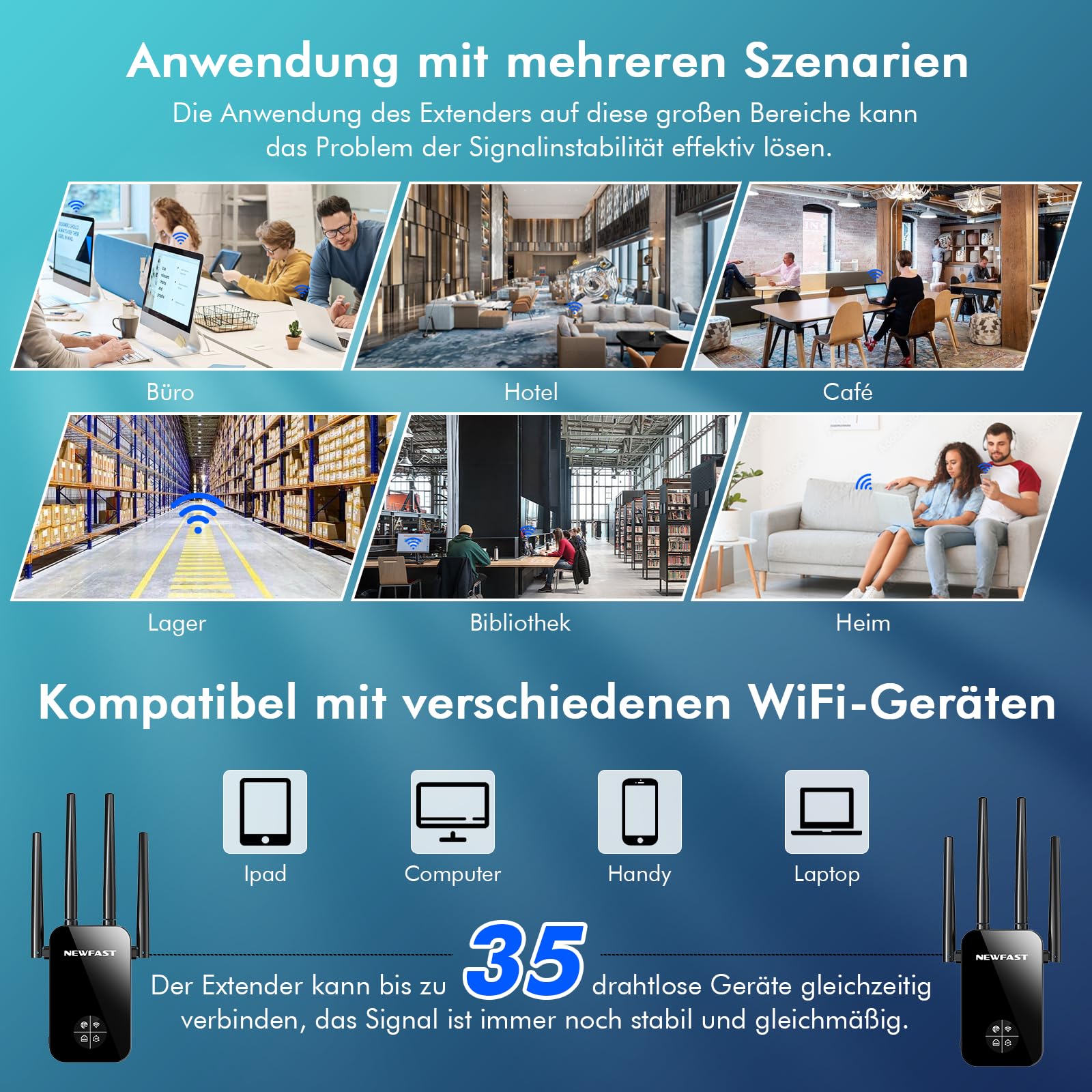 NEWFAST WLAN Verstärker,1200Mbps WiFi Extender Dual-Band WLAN Repeater | mit 4 Schwenkbare Antenne,WPS,MU-MIMO,Unterstützung Repeater/Router/Ap Modus für Zuhause und Büro,1-Tippen Einrichten,EU Plug