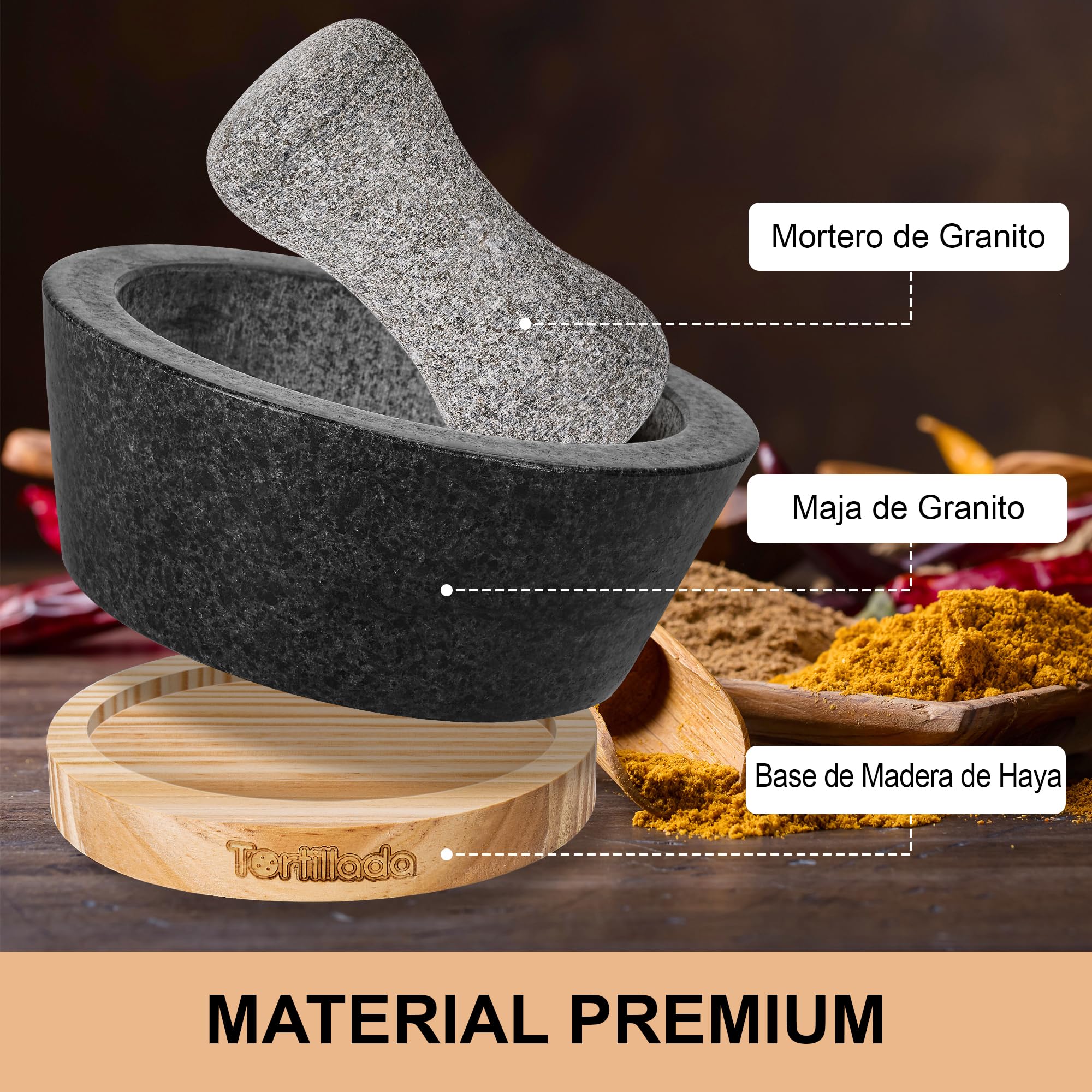 Tortillada – Juego de mortero y maja de 16cm, grande, hecho de granito natural con base de madera antirayaduras, molinillo de hierbas y especias de granito con 50 recetas, color negro