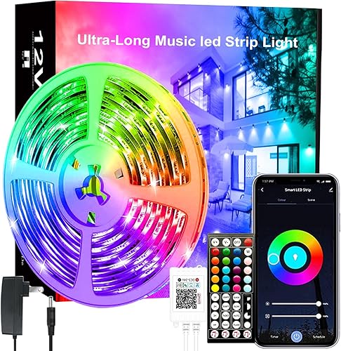 Vista 14 de Tira de luces LED alimentadas por pilas de 13.2 pies, luces LED que cambian de color, aplicación de sincronización de música, control remoto, RGB