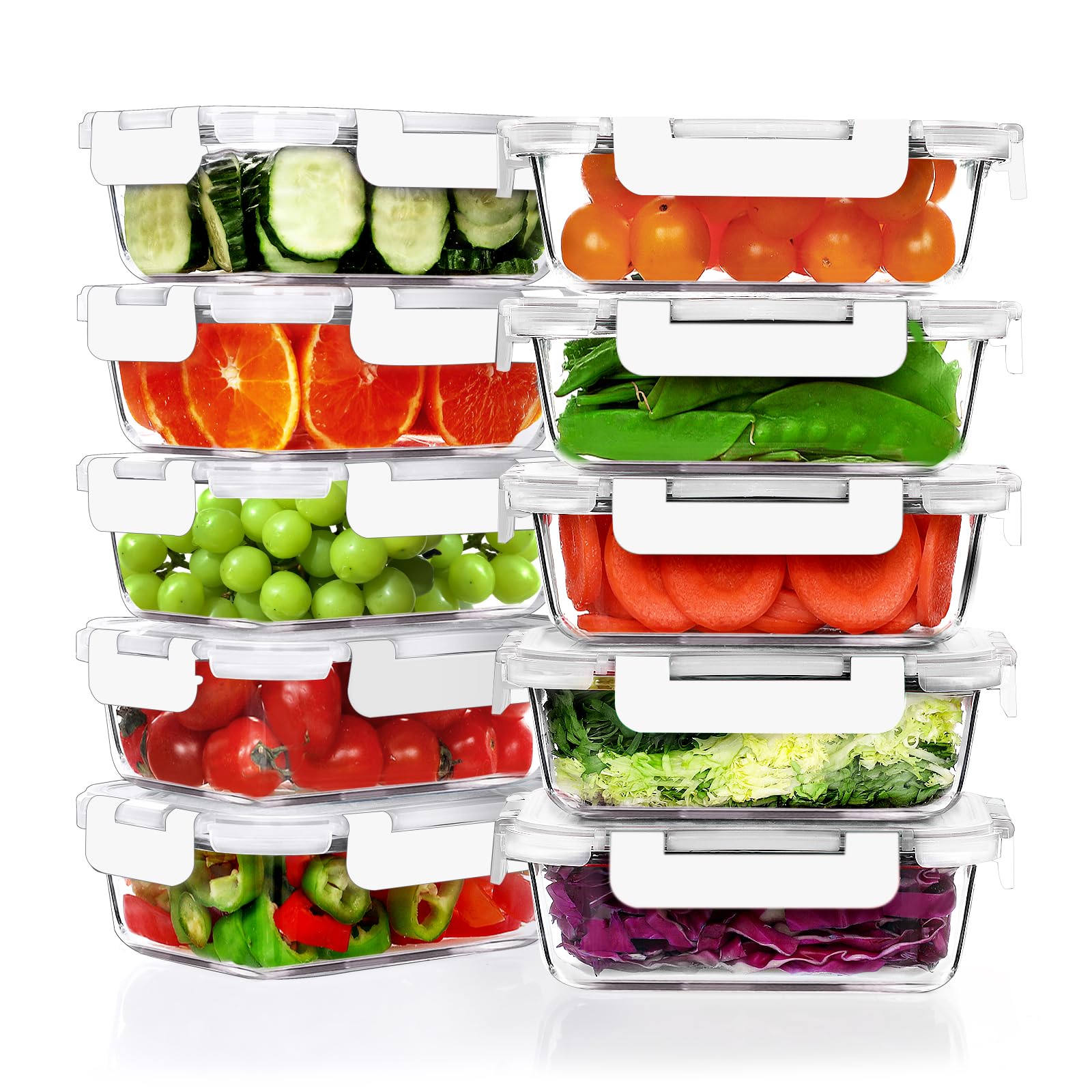 VERONES - Paquete de 10 recipientes de vidrio para preparación de comidas de 22 onzas, juego de recipientes de vidrio herméticos para almuerzo, recipientes de almacenamiento de alimentos con tapas