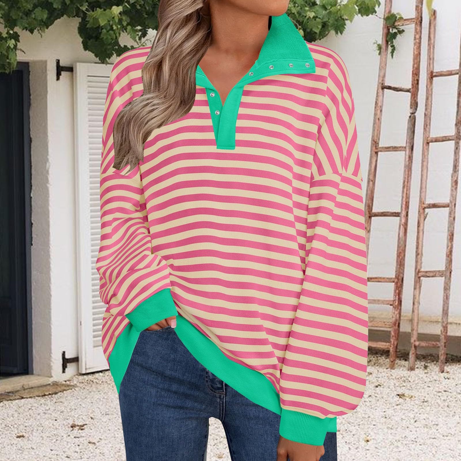 Sudadera de manga larga con cuello redondo para mujer, diseño de contraste, con solapa, diseño de contraste de color, manga larga, con botones, para descansar