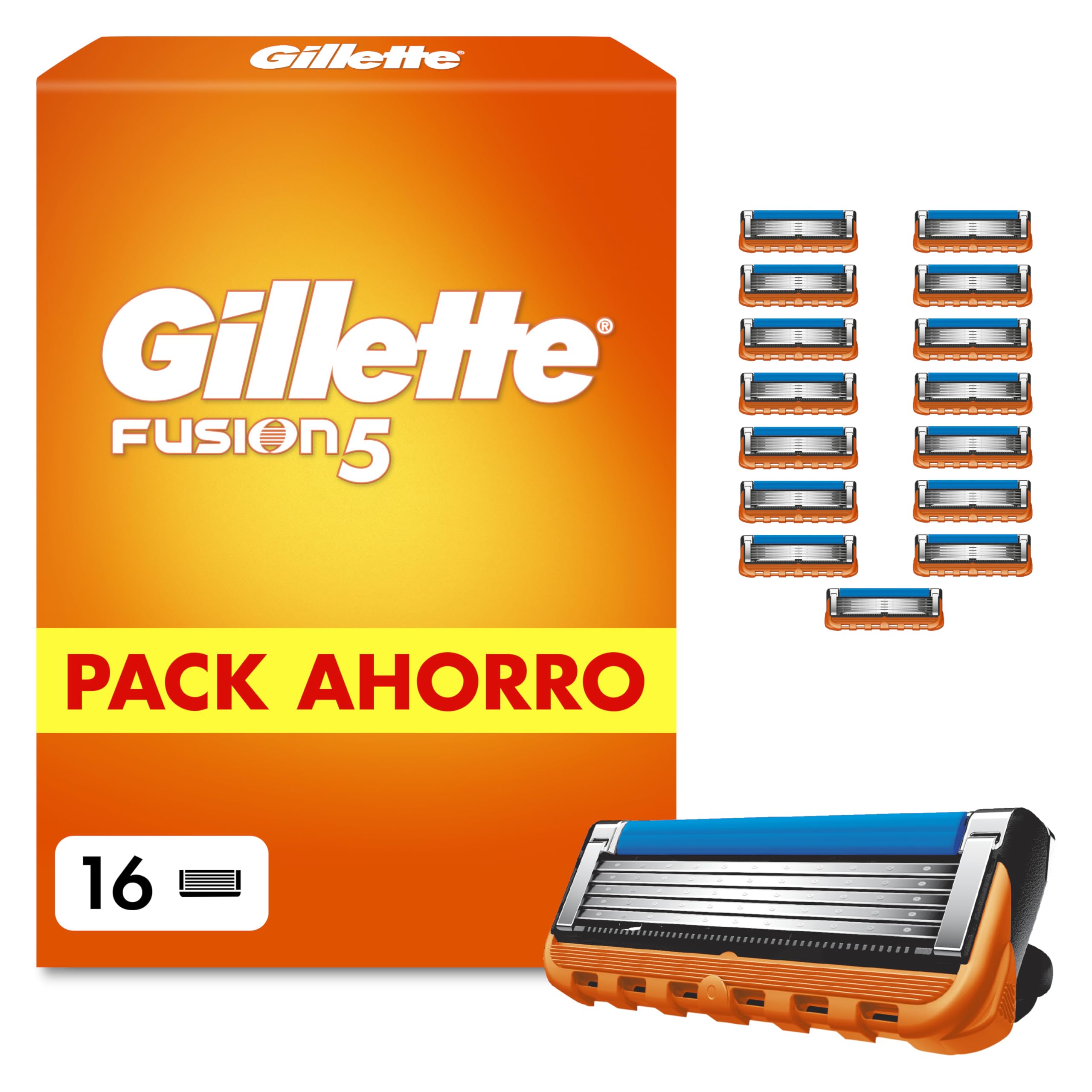 Gillette Fusion5 Cuchillas de Afeitar Hombre, Pack de 16 - Recambios para Maquinillas de Afeitar con 5 Hojas, Banda de Gel Lubricante Y Recortadora de Precisión