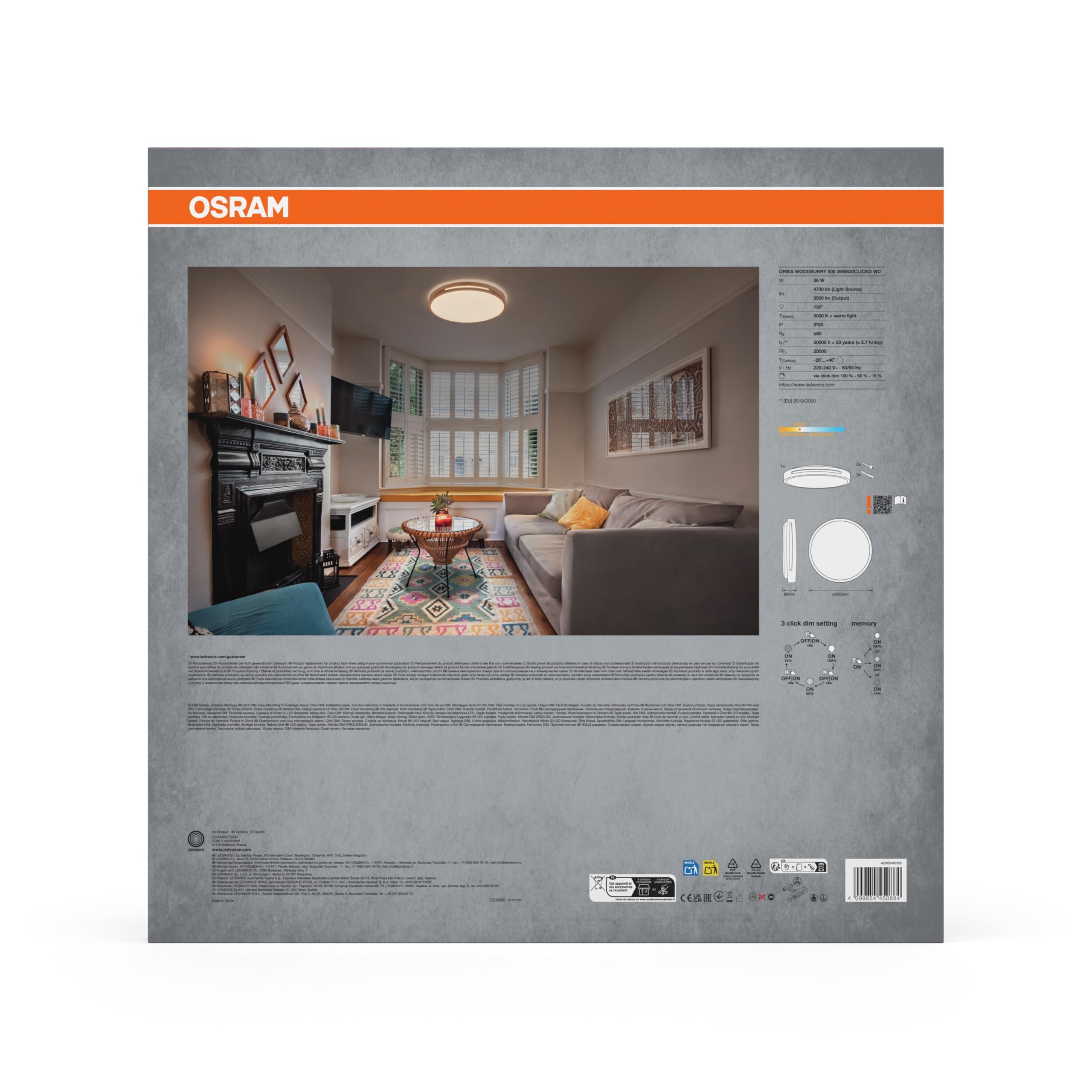 OSRAM ORBIS Woodburry LED wall/ceiling light with wood decor, 36 W, 1,500 lm, 3,000 K, 500-mm diameter, 830 friendly warm white, IP20 protection, mounting screws and dowels included