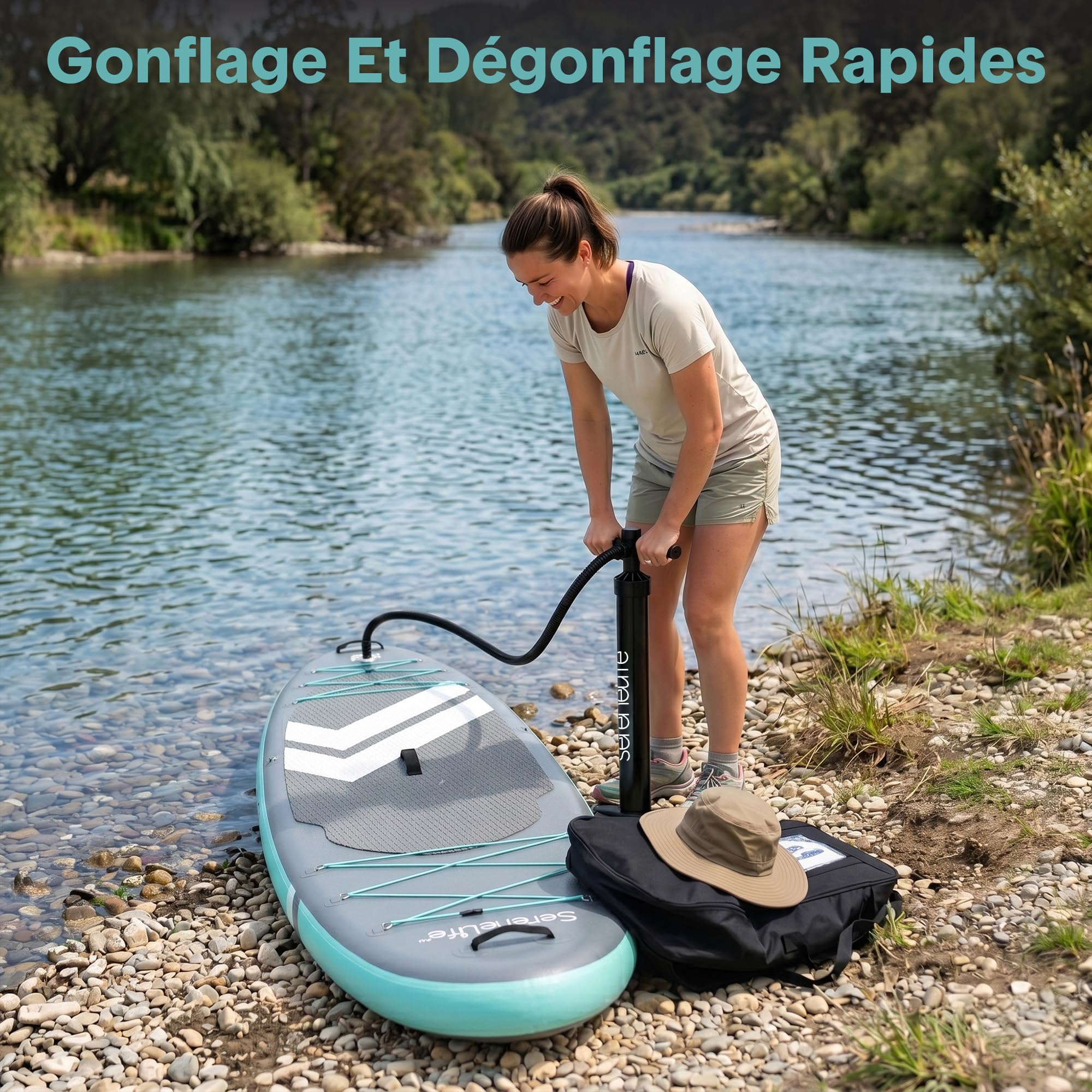 SereneLife Planche de Paddle Gonflable 3,4 m pour Adulte – Stand Up Paddle Sup avec Pagaie Réglable, Pompe à Main, Sac de Transport, Leash de Sécurité et Ailerons Amovibles – Kit Complet