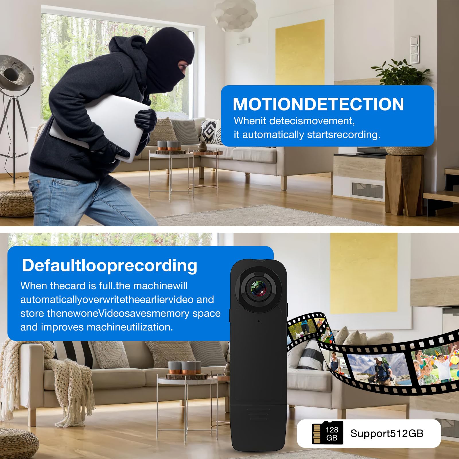 Minicámara corporal con grabación de audio y vídeo con tarjeta de memoria de 64 GB, 1080P HD, gran angular con clip posterior, detección de movimiento de visión nocturna para grabación diaria/servicio