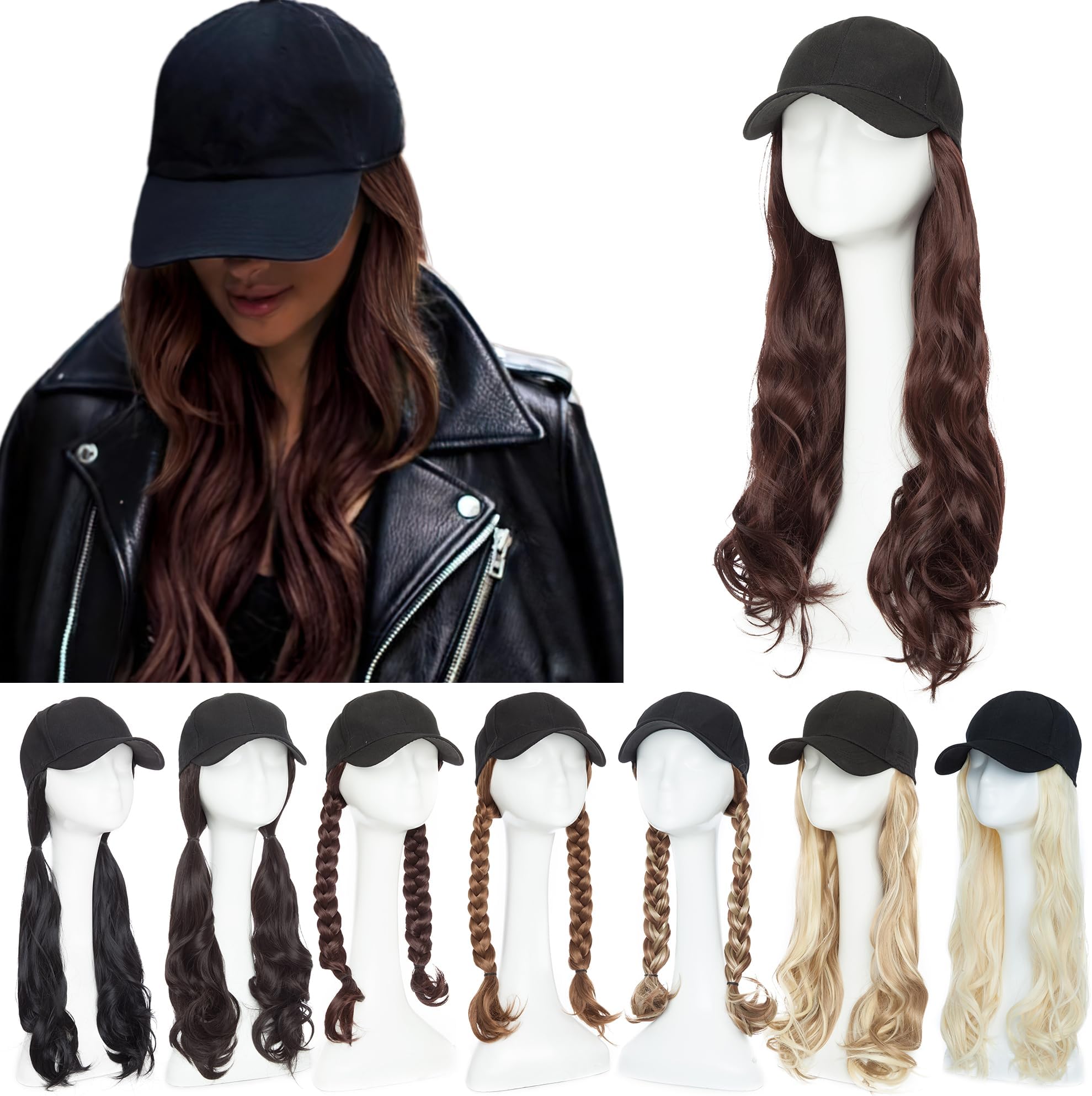 SEGO Baseball Cap with Hair Extensions for Women Adjustable Hat with Hair Attached Synthetic Long Wavy Wig with Black Hat ...