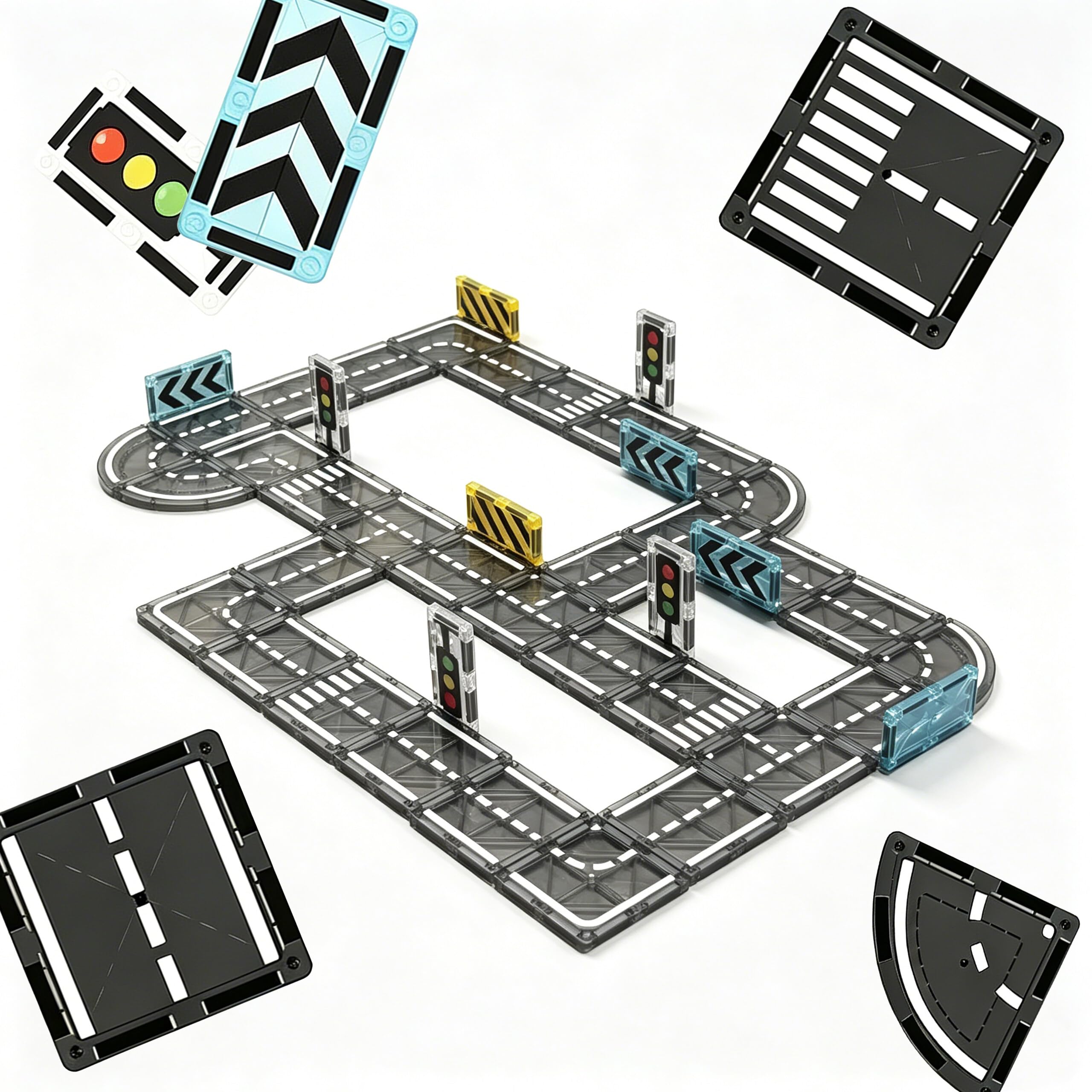 Relaxdays Set de Carreteras magnéticas, 70 Piezas, señales de tráfico, Juguete Educativo Desde 3 años, ABS, Negro
