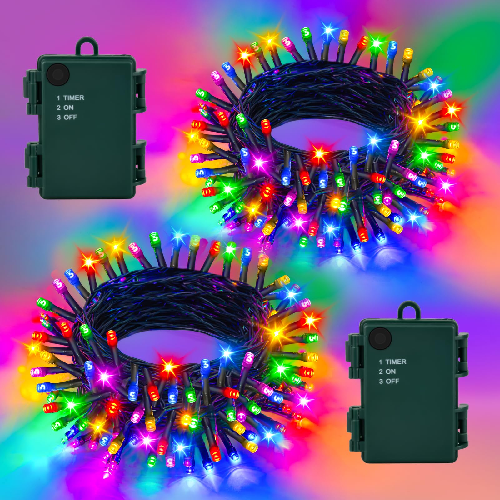 Gcstnn Fairy Lights Battery Operated 5M 50LEDs 2Pack, Multicoloured Battery Fairy Lights with Timer, Waterproof for Garden Christmas Bedroom Indoor Outdoor Xmas Tree Decorations