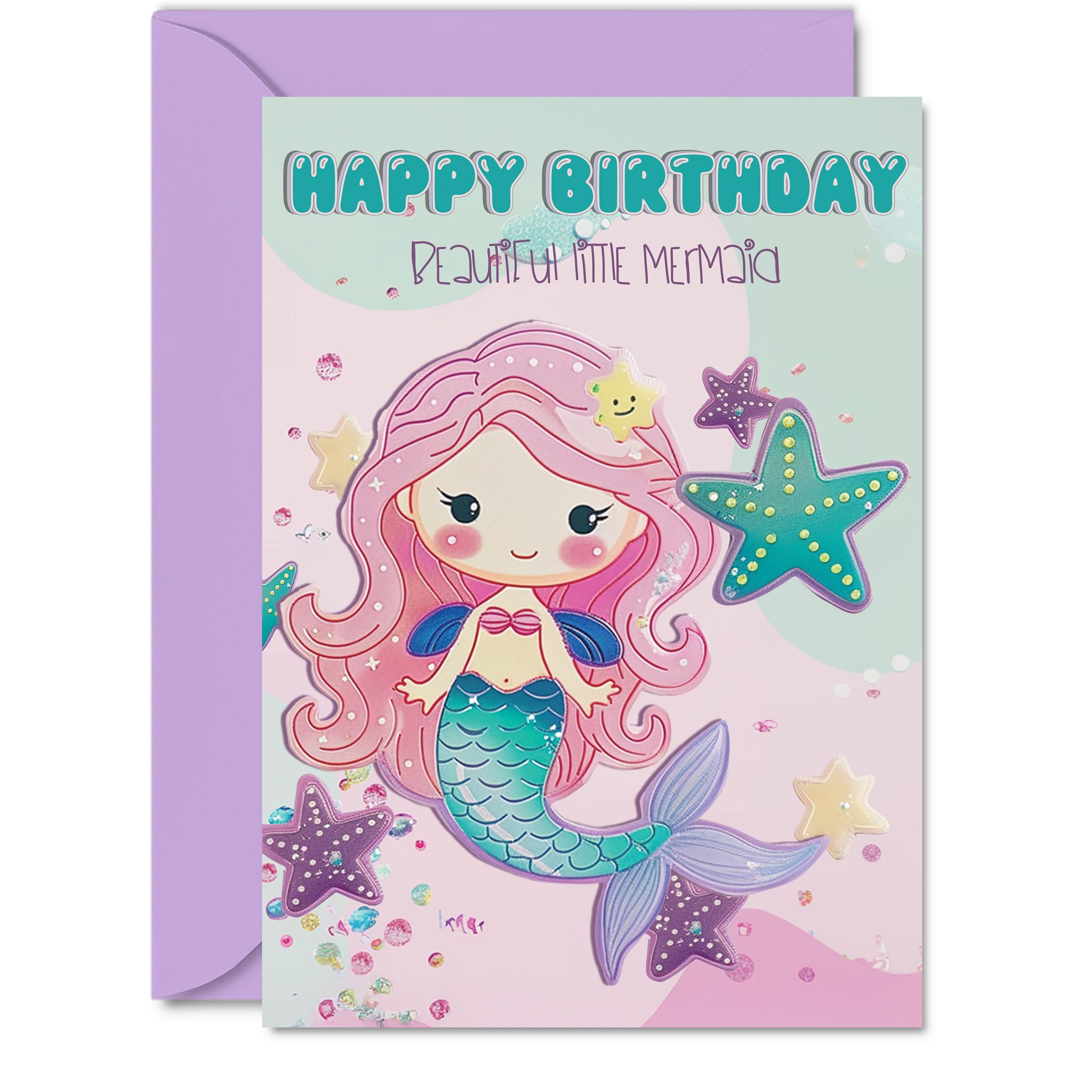 Birthday Card Girl - Beautiful Little Mermaid - Happy Birthday Card for Girl, Kids Children's Cards, A5 Bday Greeting