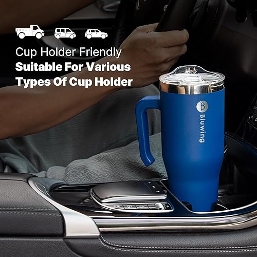 Miniatura 5 de Vaso de 40 onzas con asa, de acero inoxidable, con aislamiento de doble pared, tapa y popote, taza de café a prueba de fugas, sin BPA (morado)