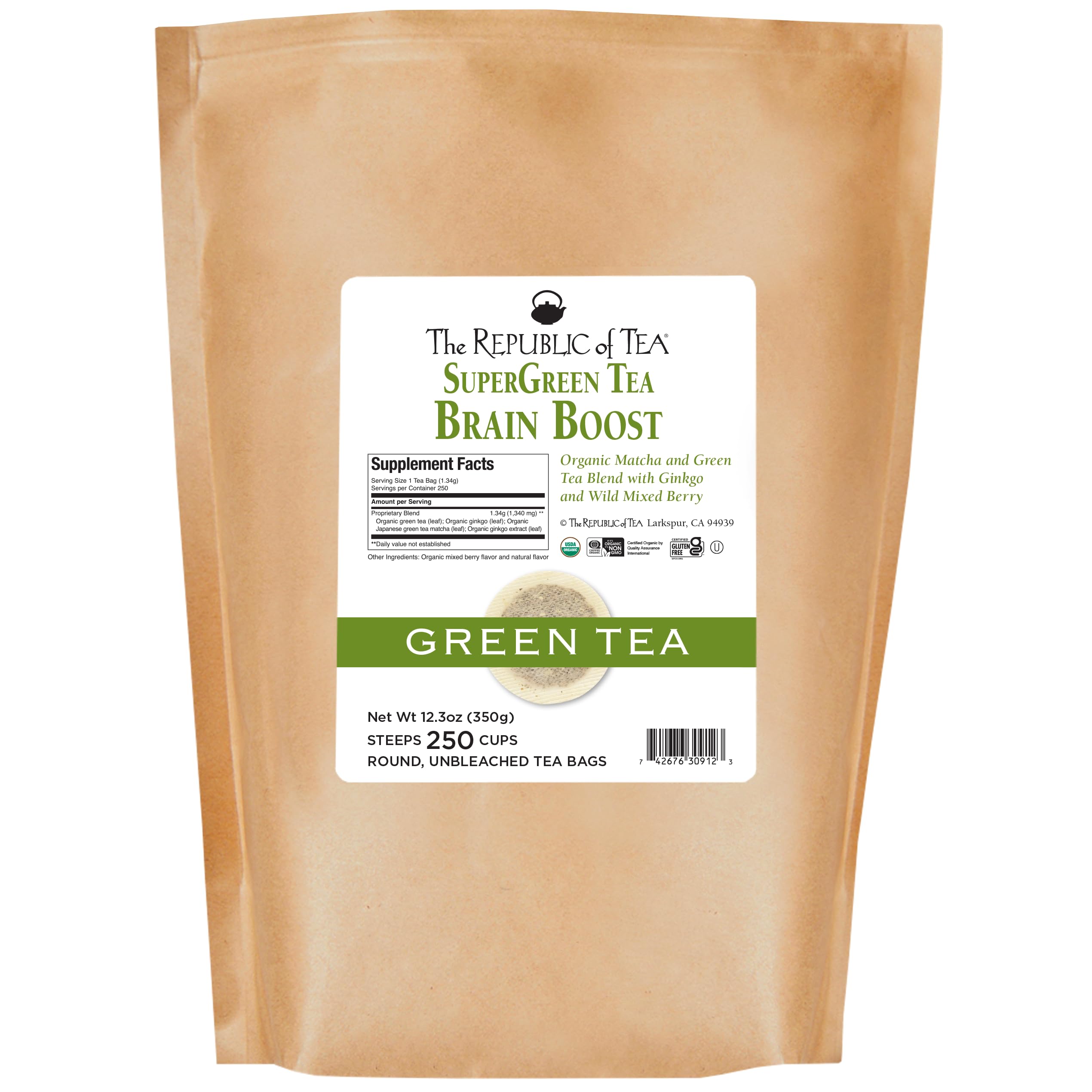 The Republic of Tea Brain Boost Supergreen Tea 250 Tea Bags Ginkgo Biloba And Matcha Tea Blend