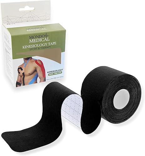 Mondo Medical Cinta de kinesiología precortadas de 2 pulgadas x 16 pies, cinta atlética negra para piel, músculo, deportes, cinta corporal