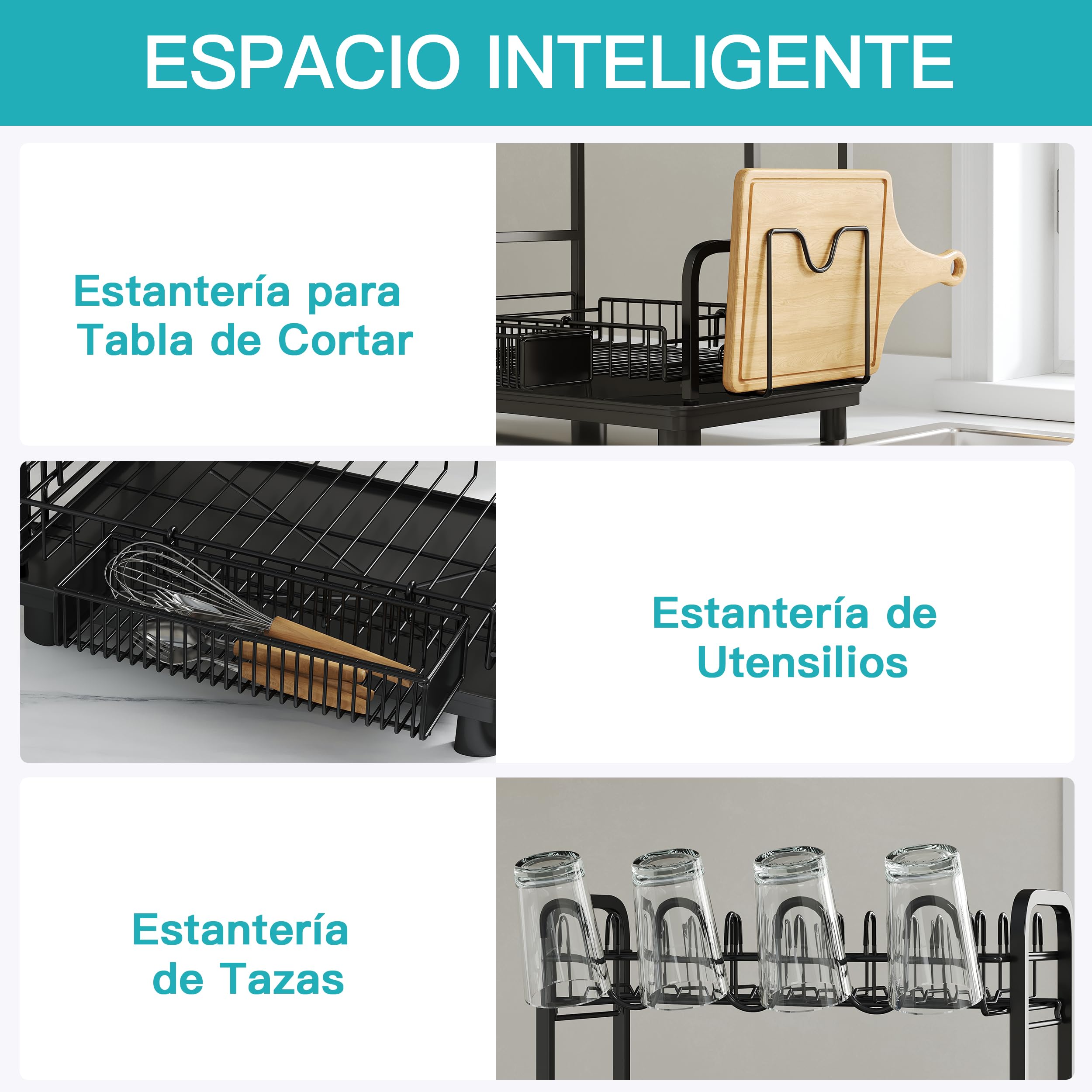 Boosiny Escurreplatos Acero Inoxidable con Drenaje Automático, Escurridor de Platos Grande de 2 Niveles con Portavasos y Porta Utensilios, Escurridor para Fregadero (Negro)