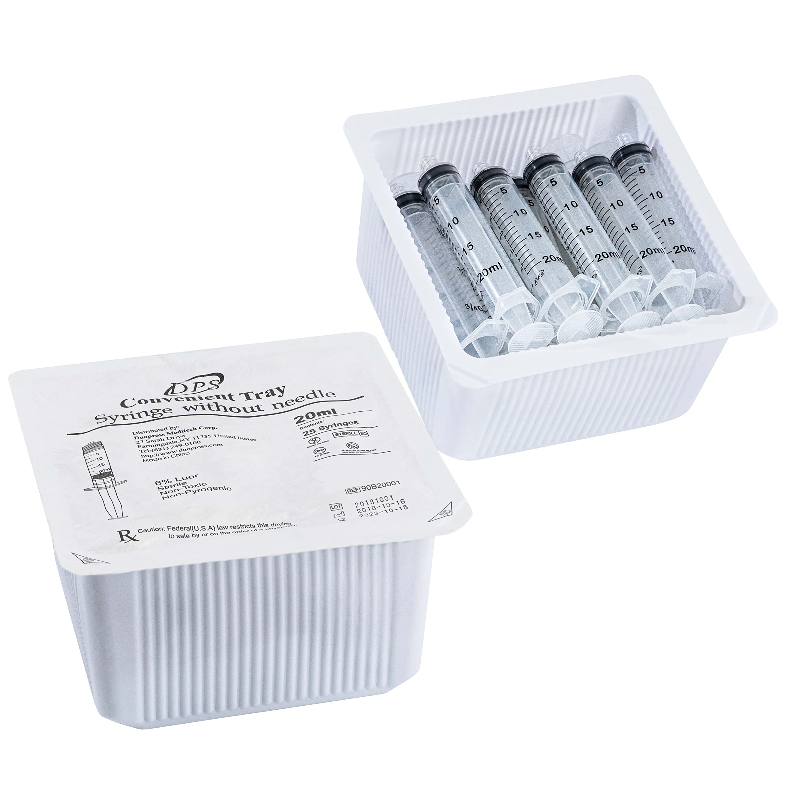 20ml Sterile Syringe with Luer Lock Tip, - (No Needle) - 50 DPS Syringes in Trays ( 2 Trays of 25)