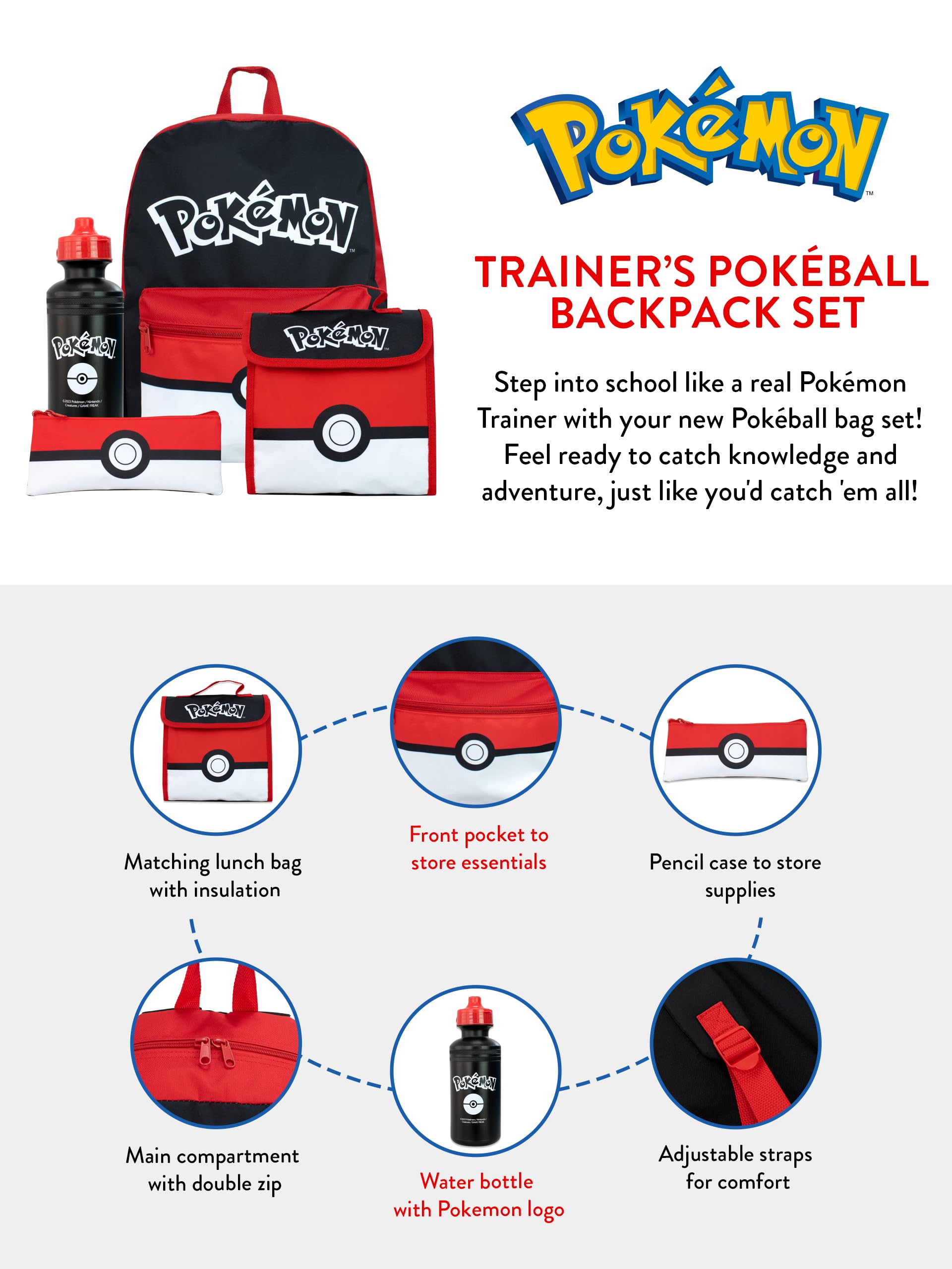 Pokemon Ensemble Sac d'école 4 pièces | Set de Sac à Dos et Sac à Lunch avec étui à Crayon et Bouteille d'eau | Sac à Dos pour Enfants | Produit Officiel