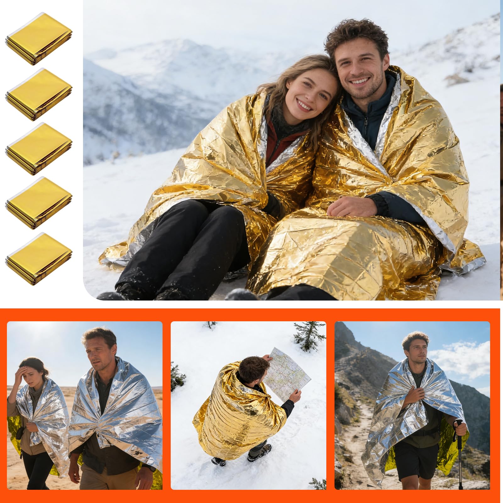 5 Pezzi Coperta Termica di Emergenza 210x160 cm – Telo Isotermico Oro/Argento, Impermeabile e Riutilizzabile per Sopravvivenza, Outdoor, Escursioni e Protezione dal Freddo e dalla Pioggia