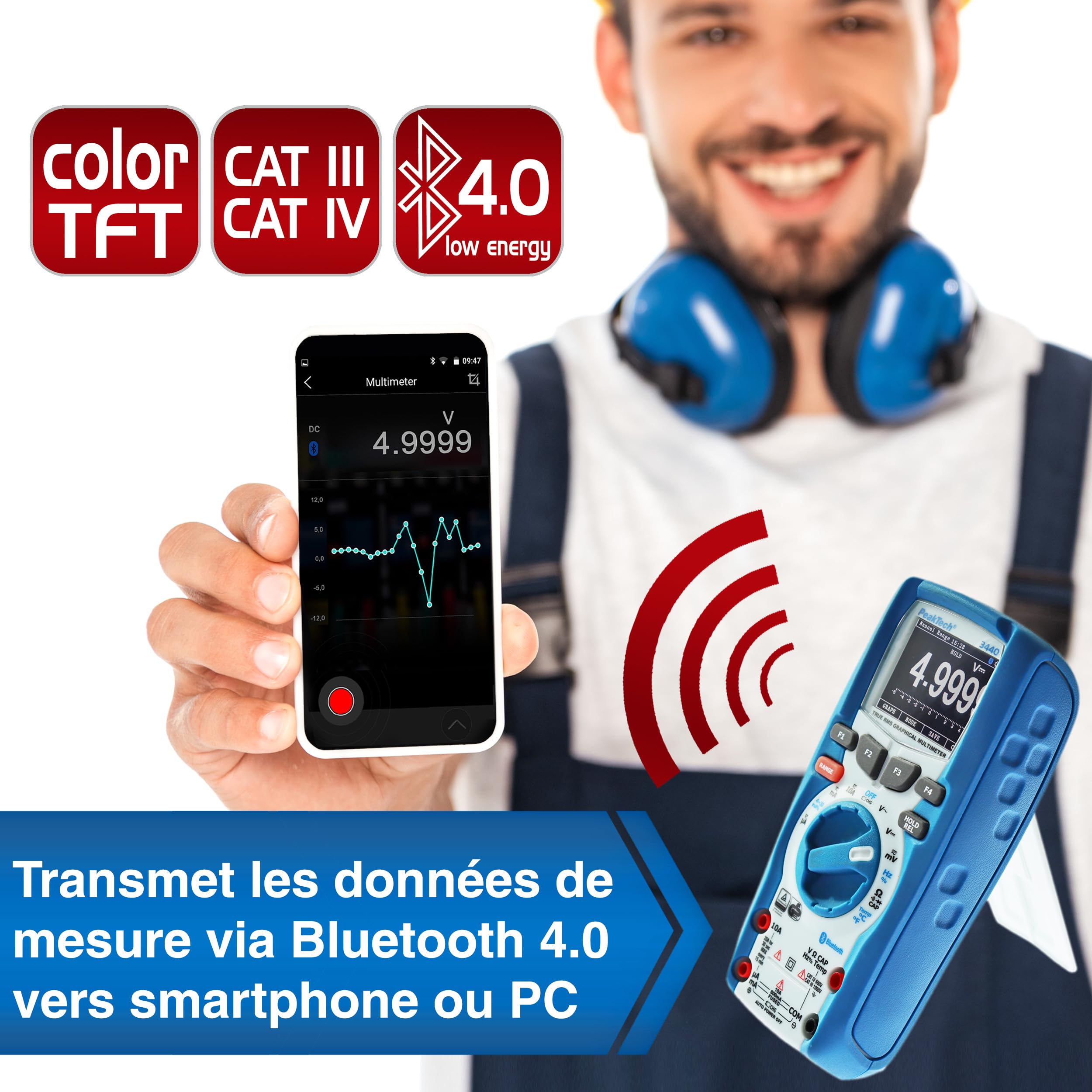 PeakTech 3440 - Multimètre Numérique True RMS avec 4.0 Bluetooth et Affichage Graphique, 50000 counts, Multimètre Manuel Professionnel, TÜV/GS, Autorange, Voltmètre - CAT III 1000V