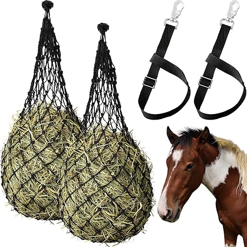 4 comederos de heno de alimentación lenta para caballos, 2 x 2 agujeros de 40 pulgadas de largo, red de heno ajustable de nailon para colgar bolsas