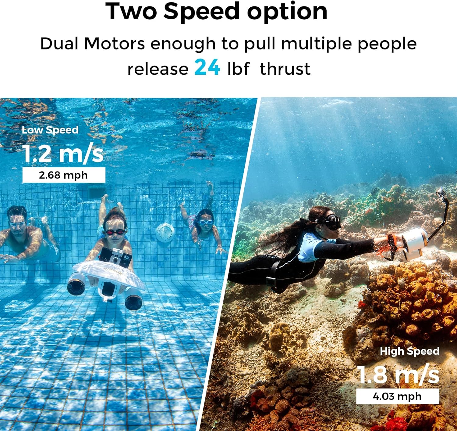 Mix the Double Engine Scooter with 2 -speed double engine, 60 minutes of Runtime, 131 feet depth with camera assembly and low battery alarm for swimming pool, diving, snorkeling - water scooter for adults and children 7