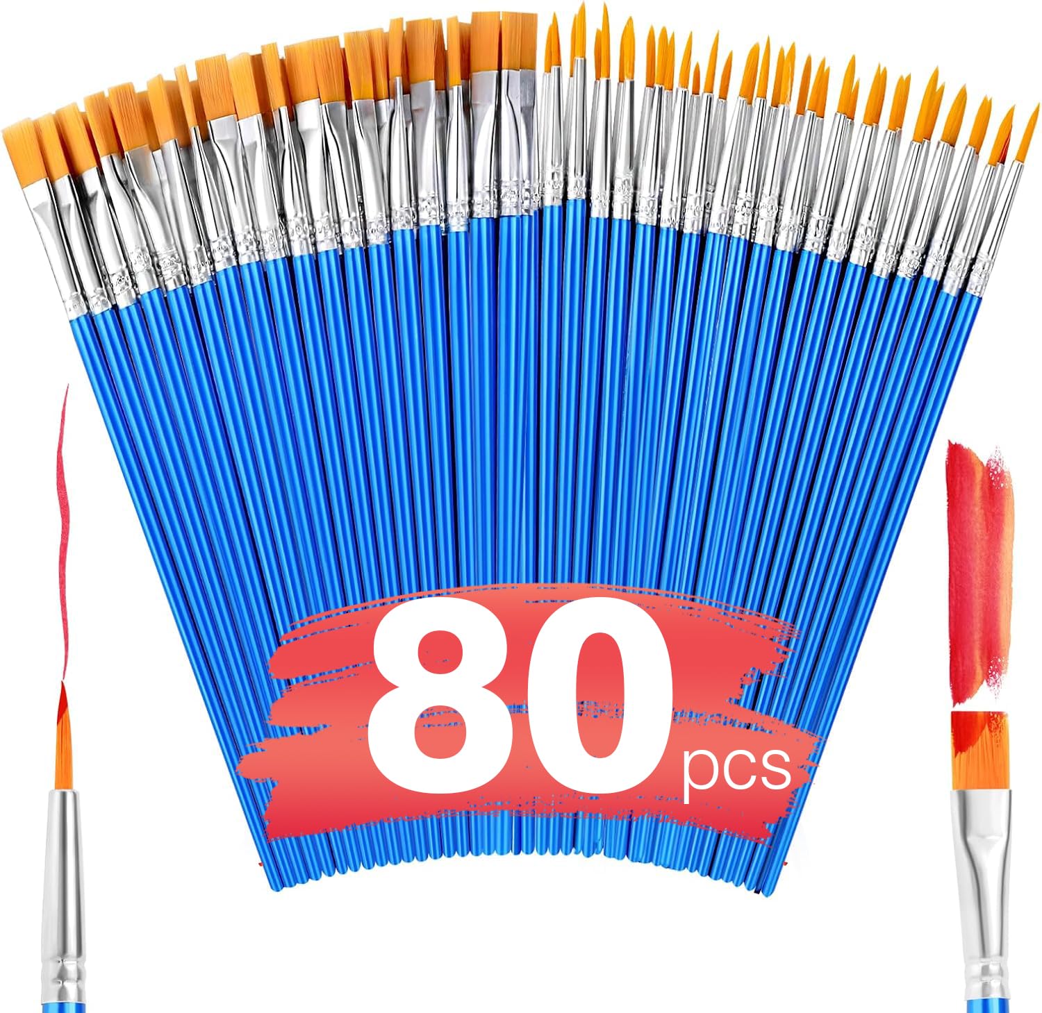 AROIC Small Paint Brushes Bulk,80 Pcs Nylon Hair Painting Brush with Flat and Round Pointed Acrylic Paint Brush Sets,Paint Brushes for Kids Classroom Oil Watercolor Face Painting Kits.