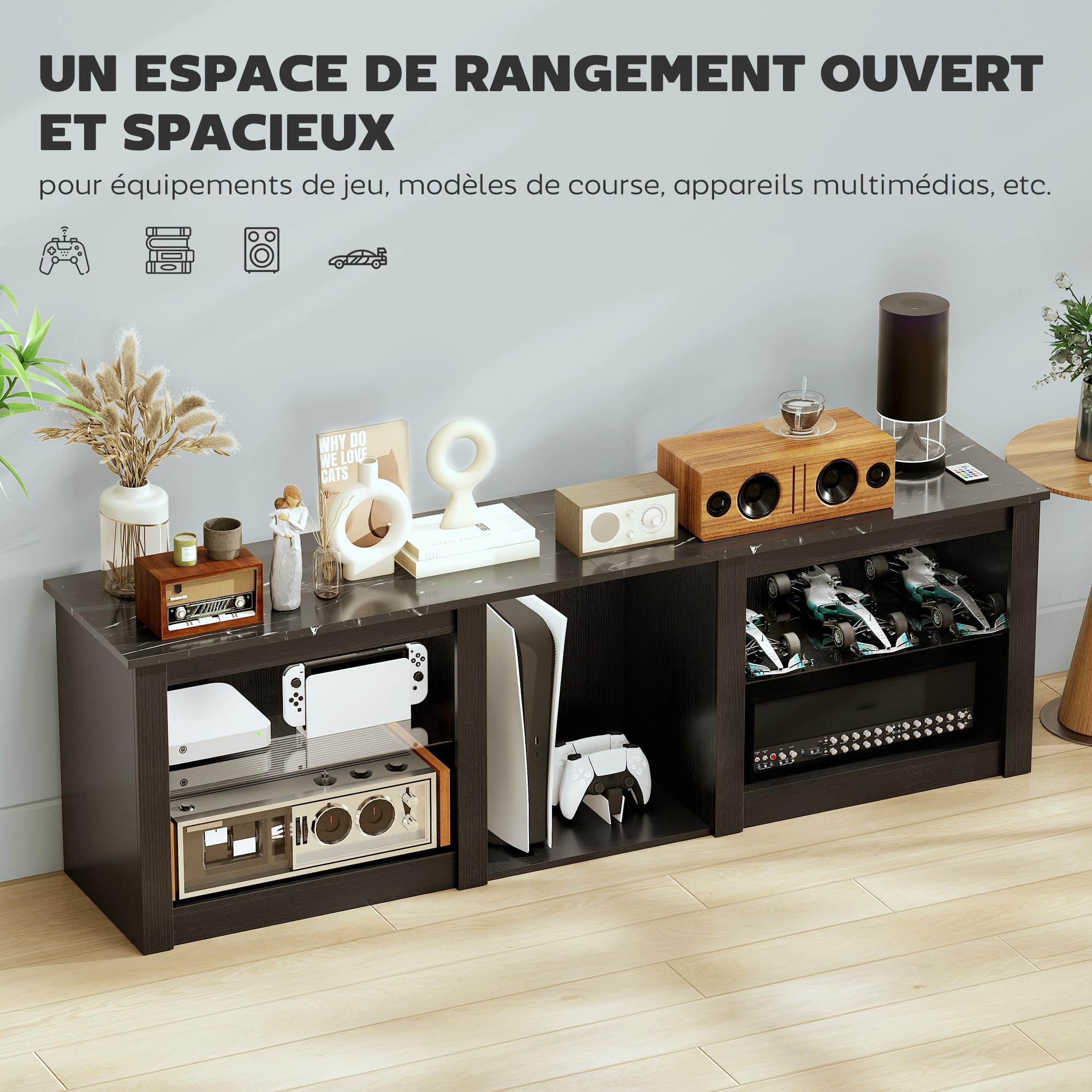 HOMCOM Meuble TV LED RGB Meuble télé Bois Banc TV jusqu'à 65 Pouces avec étagères en Verre réglables, 5 niches, Passe-câbles et télécommande pour Salon, Chambre à Coucher, dim. 160 x 35 x 50 cm, Noir