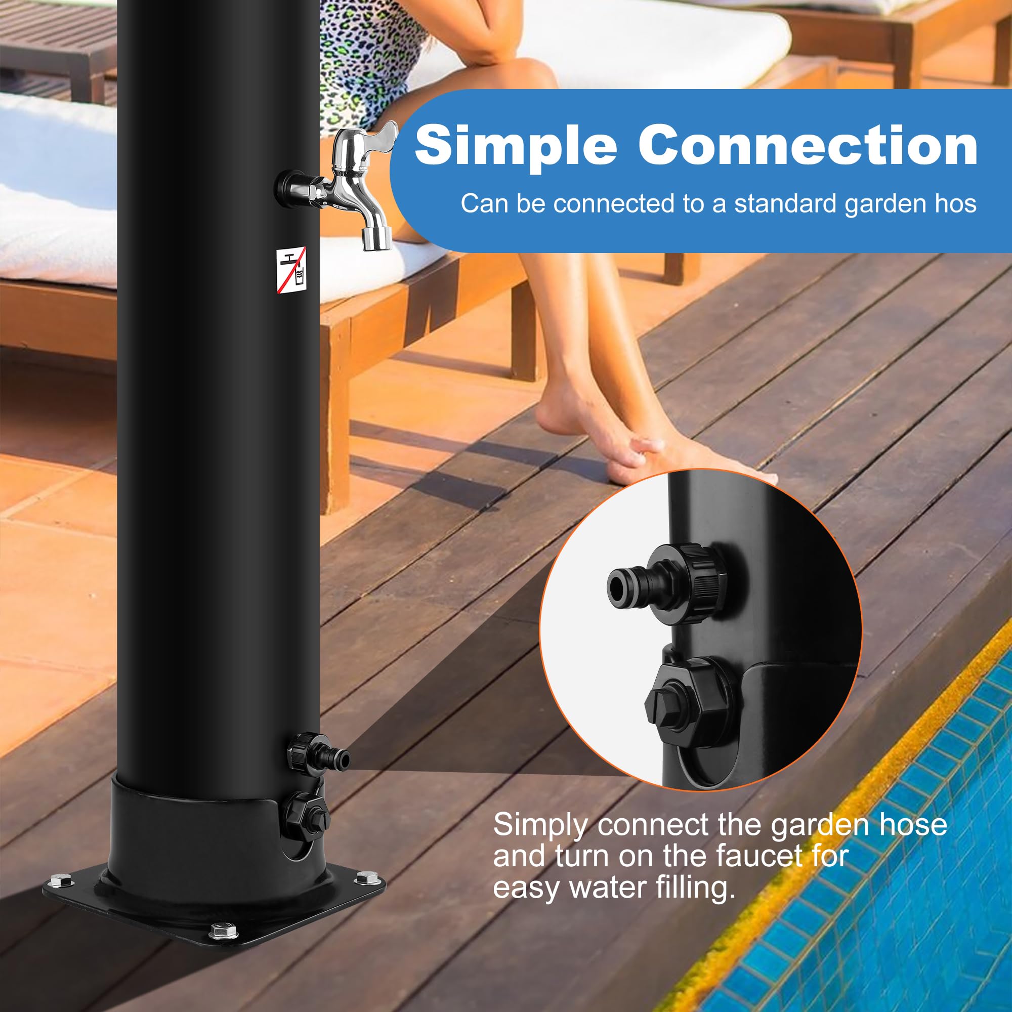 Douche Solaire 35L – Eau Chaude Jusqu'à 60°C, Pommeau Pluie Orientable, Robinet Lave-Pieds, Housse Anti-Poussière – Sans Électricité, Idéal pour Toute la Famille & Animaux pour Jardin, Plage, Camping