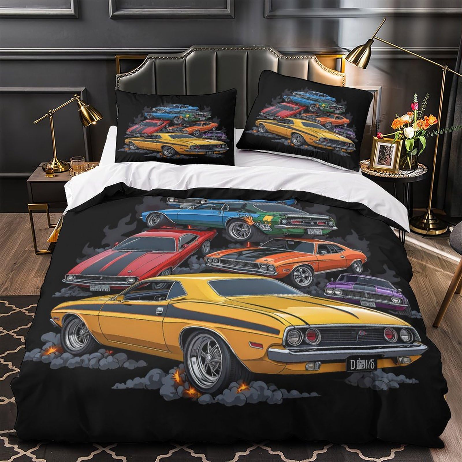 MMDASBVPE Classic Muscle Cars Quilt Cover 3D Print Easy Care 3 Pieces Bed Set Hidden Zipper Comforter Cover Extra Soft Hypoallergenic for Adults Kids Teens Women Youth Double（200x200cm）
