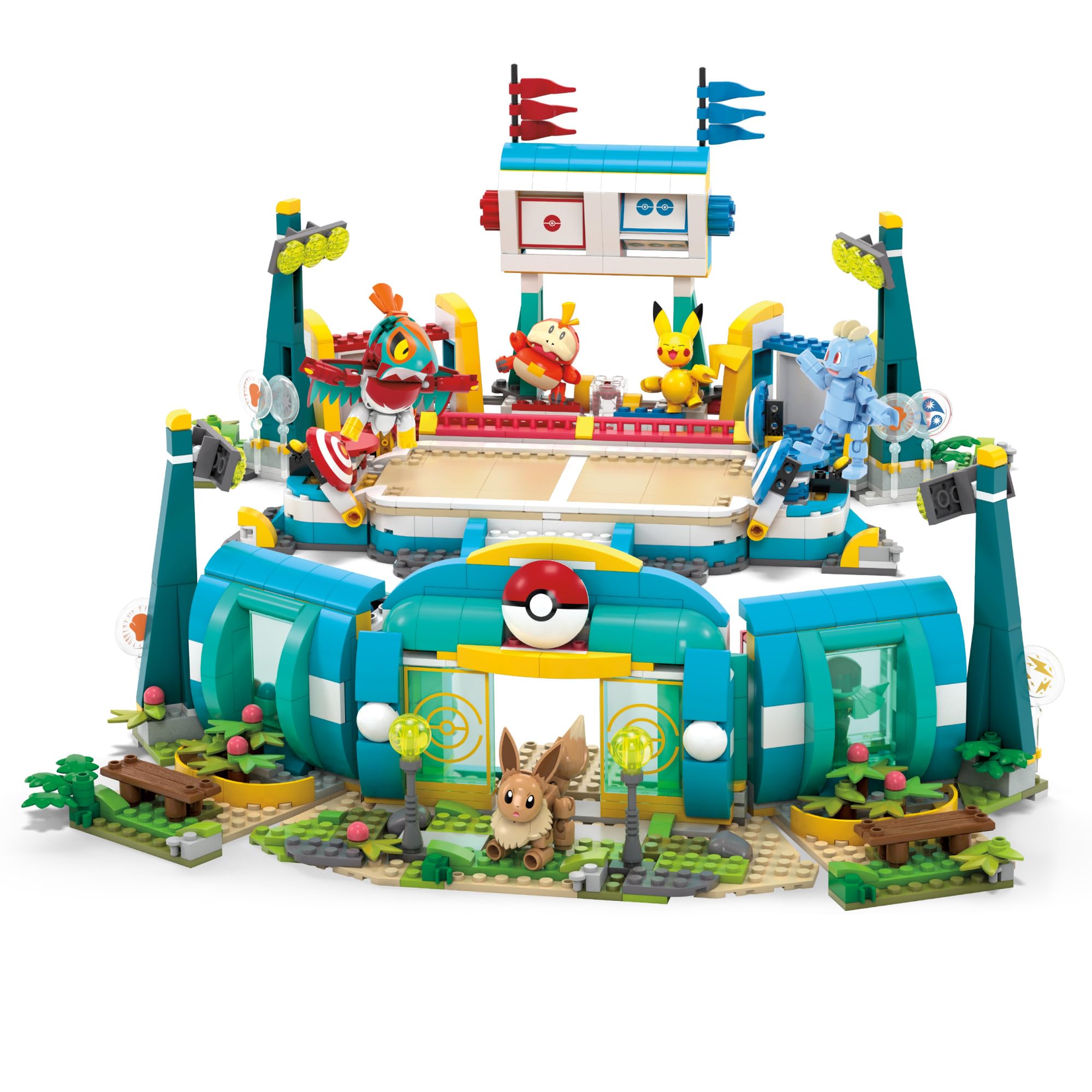 MEGA Pokemon Stadion treningowy Klocki Zestaw konstrukcyjny (1107 elementów) z 5 figurkami do ustawiania w różnych pozach i zabawą w pojedynki, zabawka konstruktorska dla dzieci, HWR82